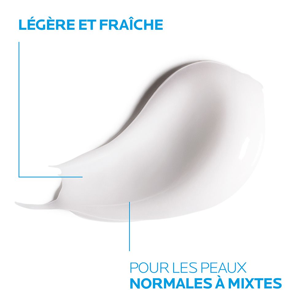 Gros plan sur la crème. Texte: Légère et fraîche, Pour les peaux normales à mixtes.