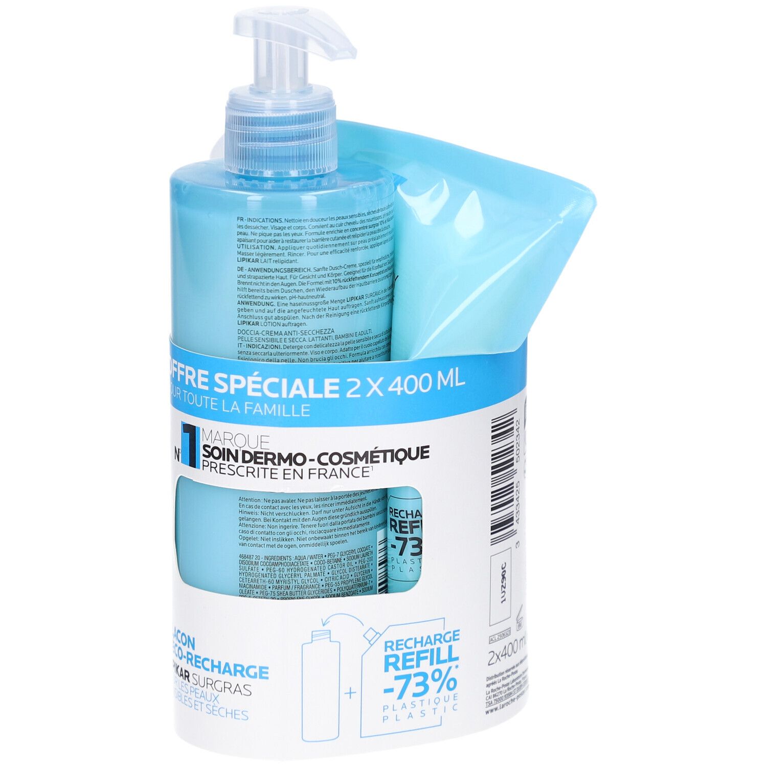 Flacon bleu avec pompe et recharge. Emballage avec texte: OFFRE SPÉCIALE 2 X 400 ML. Marque LA ROCHE POSAY.