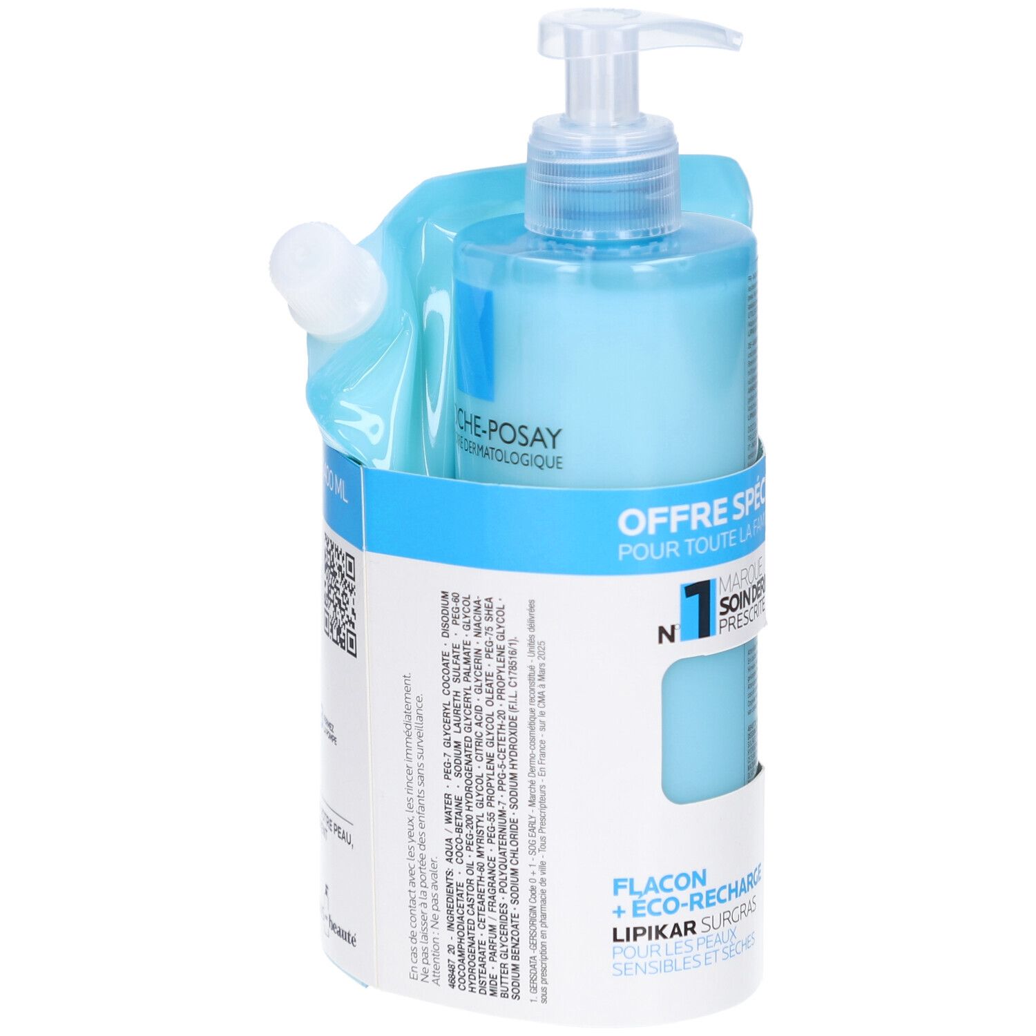 Flacon bleu avec pompe et recharge. Texte: LA ROCHE-POSAY. Flacon + ECO-RECHARGE. Pour peaux sensibles.