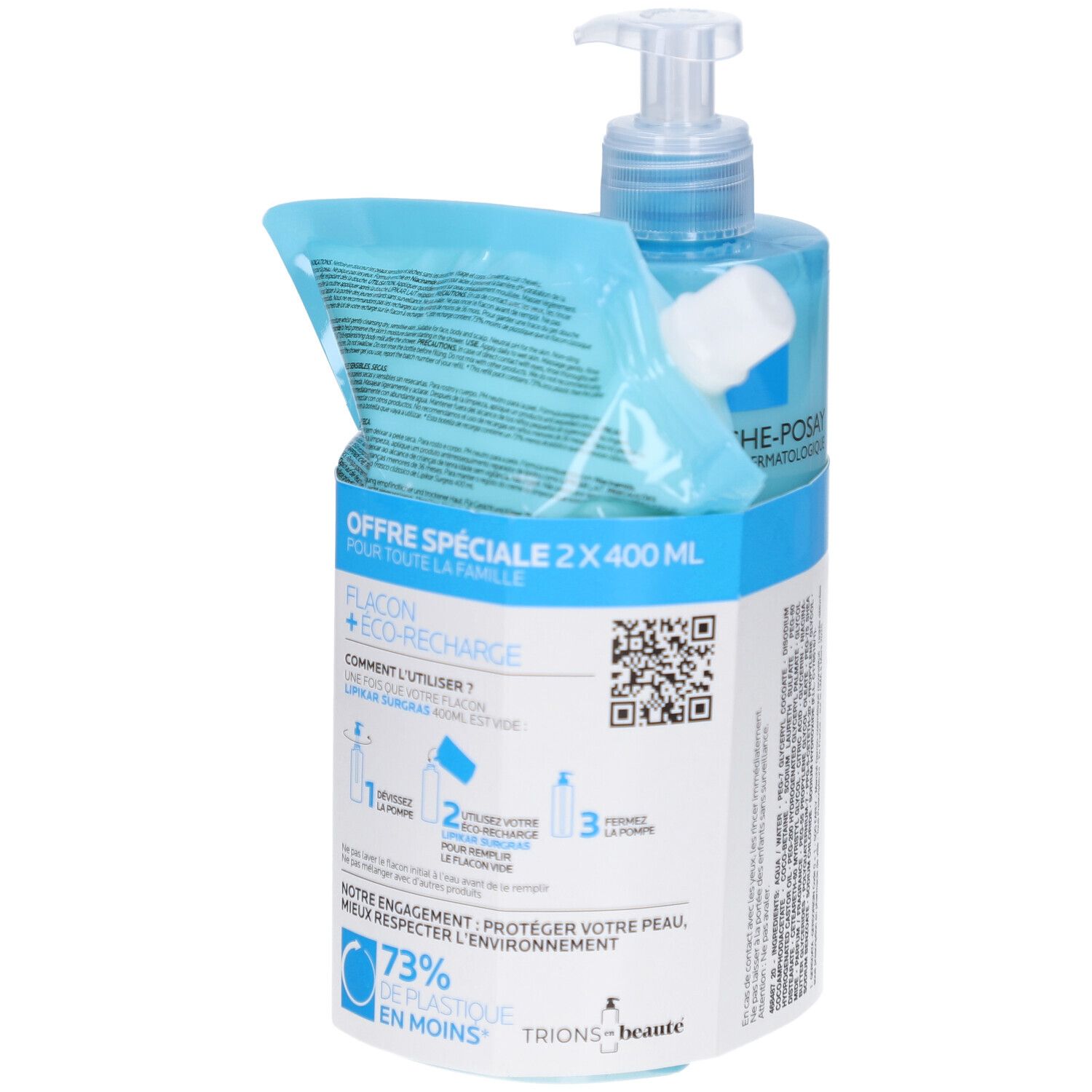 Flacon bleu avec pompe et recharge. Texte: OFFRE SPÉCIALE 2 X 400 ML. Flacon + ECO-RECHARGE. 73% de plastique en moins.