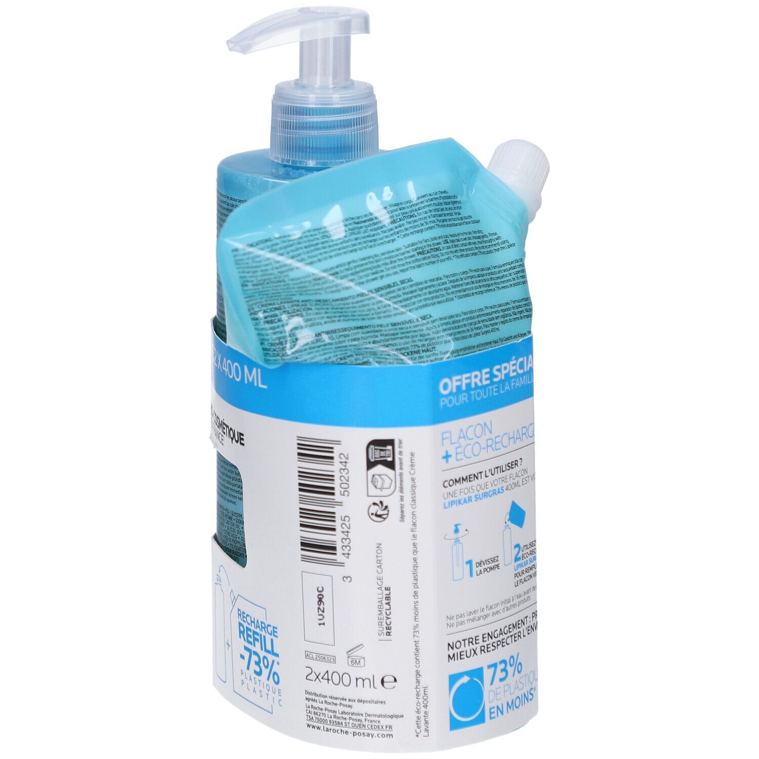 Flacon bleu avec pompe et recharge. Texte: OFFRE SPÉCIALE 2 X 400 ML. Recharge -73% plastique. LA ROCHE POSAY.