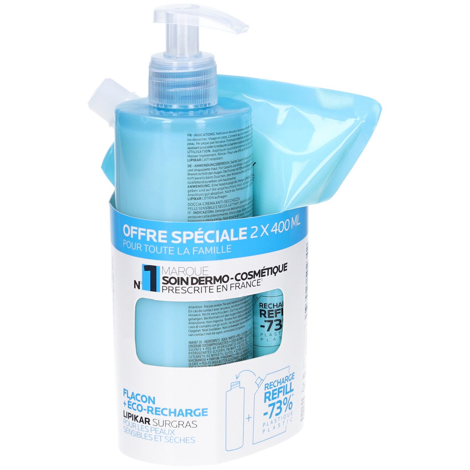 Flacon bleu avec pompe et recharge. Texte: OFFRE SPÉCIALE 2 X 400 ML. Marque LA ROCHE POSAY. Flacon + ECO-RECHARGE.