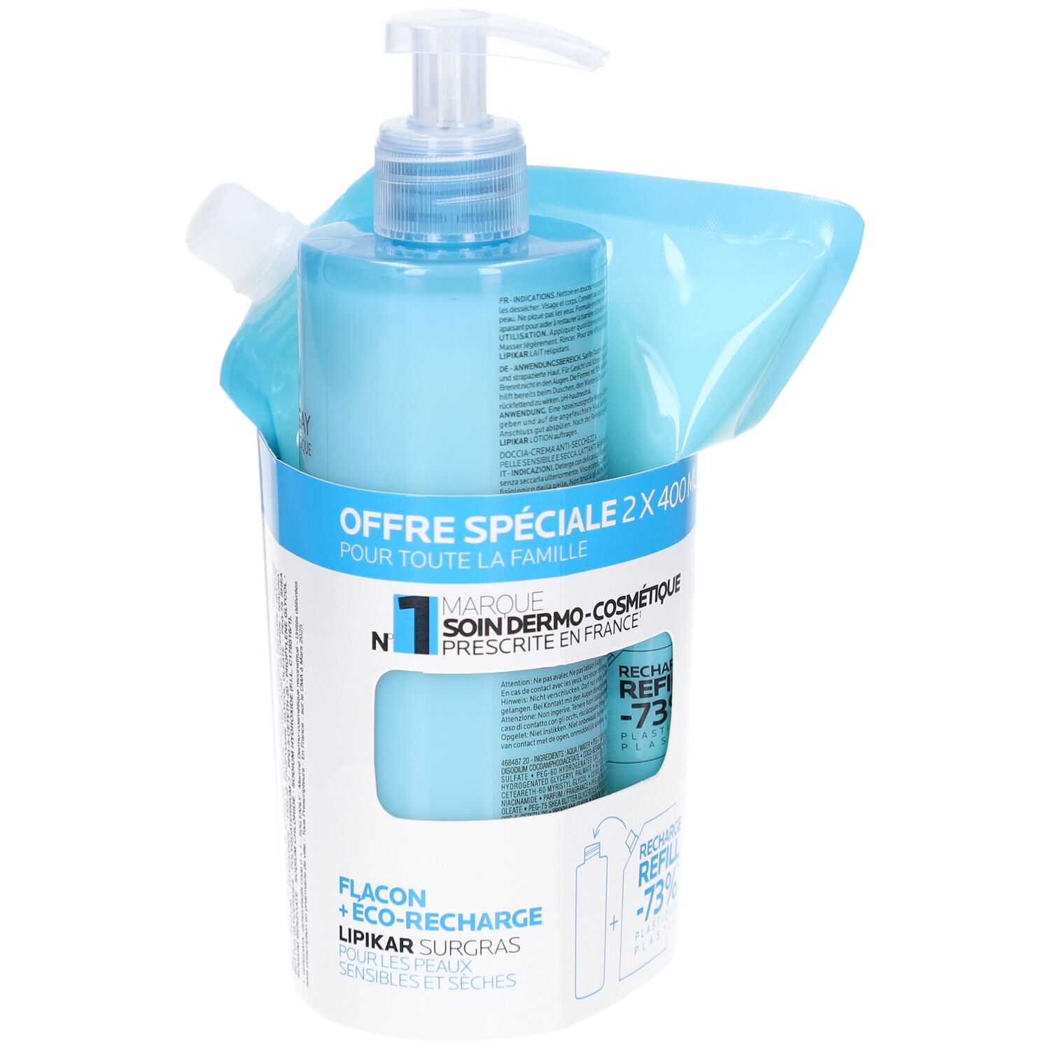 Flacon bleu avec pompe et recharge. Texte: OFFRE SPÉCIALE 2 X 400 ML. LA ROCHE POSAY. Flacon + ECO-RECHARGE.