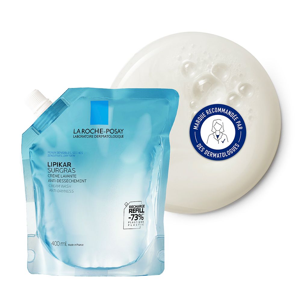 LA ROCHE-POSAY Lipikar Surgras. Recharge et savon. Recommandé par les dermatologues. Emballage bleu.