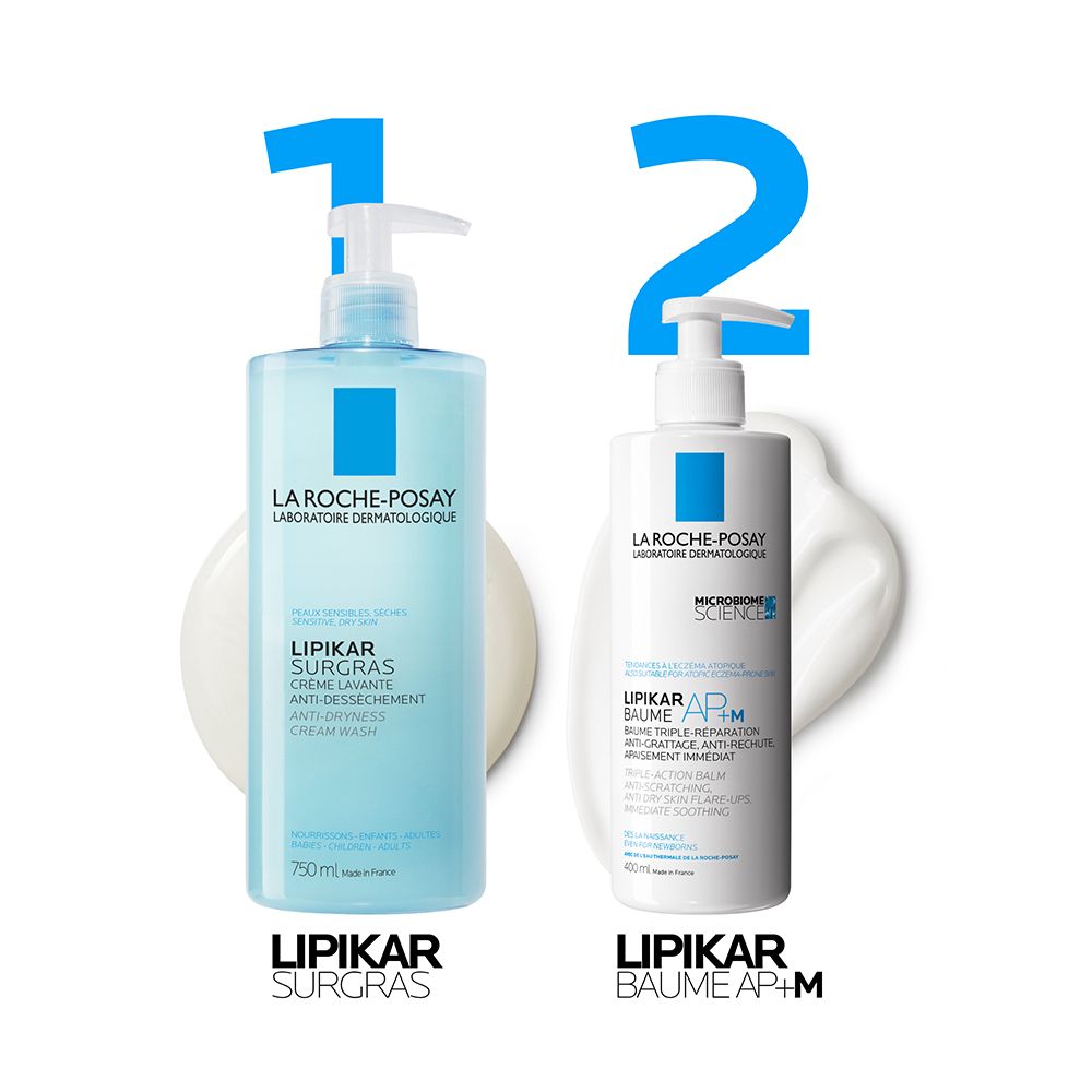 LA ROCHE-POSAY Lipikar Surgras et Baume AP+M. Deux produits. Flacons avec pompes. Texte.