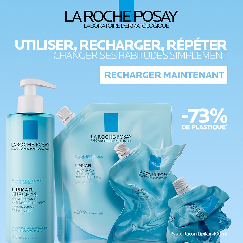 Produits LA ROCHE-POSAY. Flacon, recharge et texte. Réutiliser, recharger, répéter.