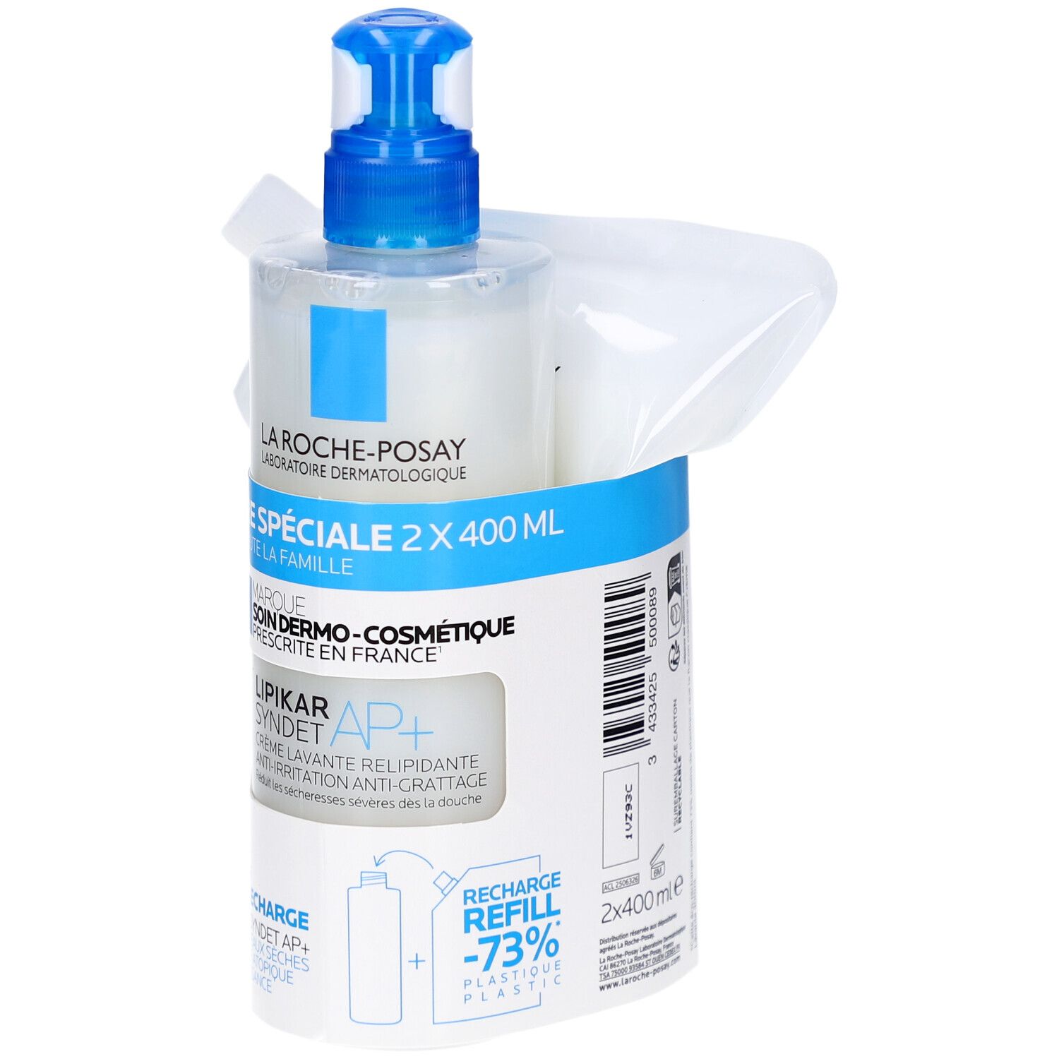 Emballage produit avec flacon et éco-recharge. Emballage bleu et blanc avec informations produit. Visible: LA ROCHE-POSAY, LIPIKAR Syndet AP+.