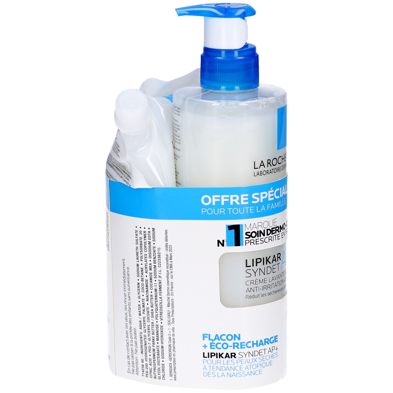 Emballage produit avec flacon et éco-recharge. Emballage bleu et blanc avec informations produit. Visible: LA ROCHE-POSAY, LIPIKAR Syndet.