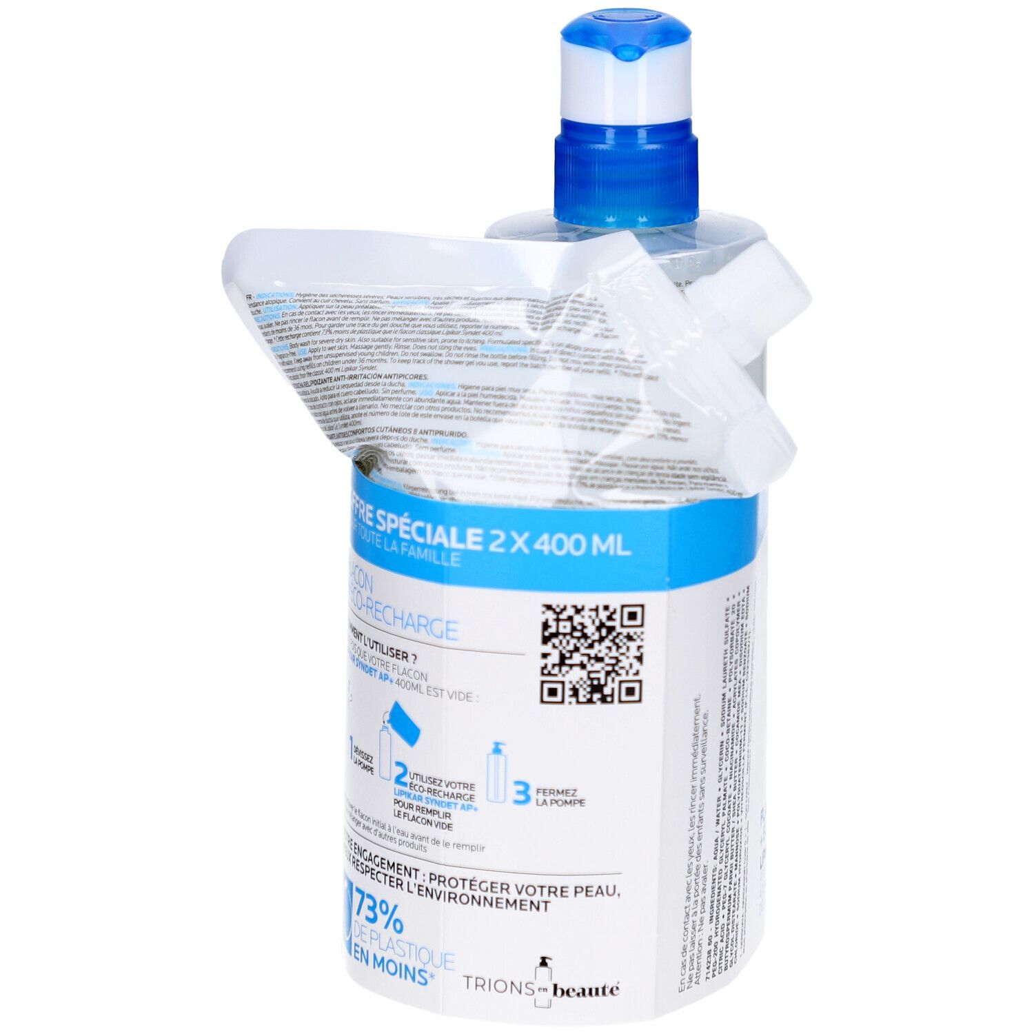 Emballage produit avec flacon et éco-recharge. Emballage bleu et blanc avec informations produit. Visible: LA ROCHE-POSAY, LIPIKAR Syndet AP+.