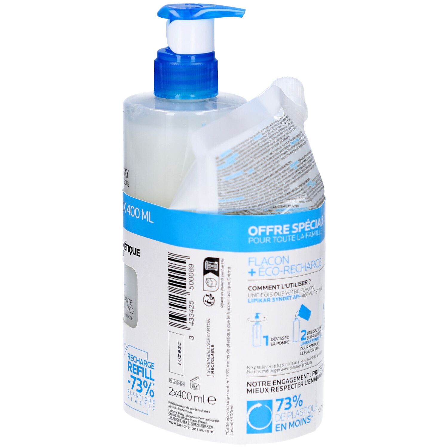 Emballage produit avec flacon et éco-recharge. Emballage bleu et blanc avec informations produit. Visible: LA ROCHE-POSAY, LIPIKAR Syndet.