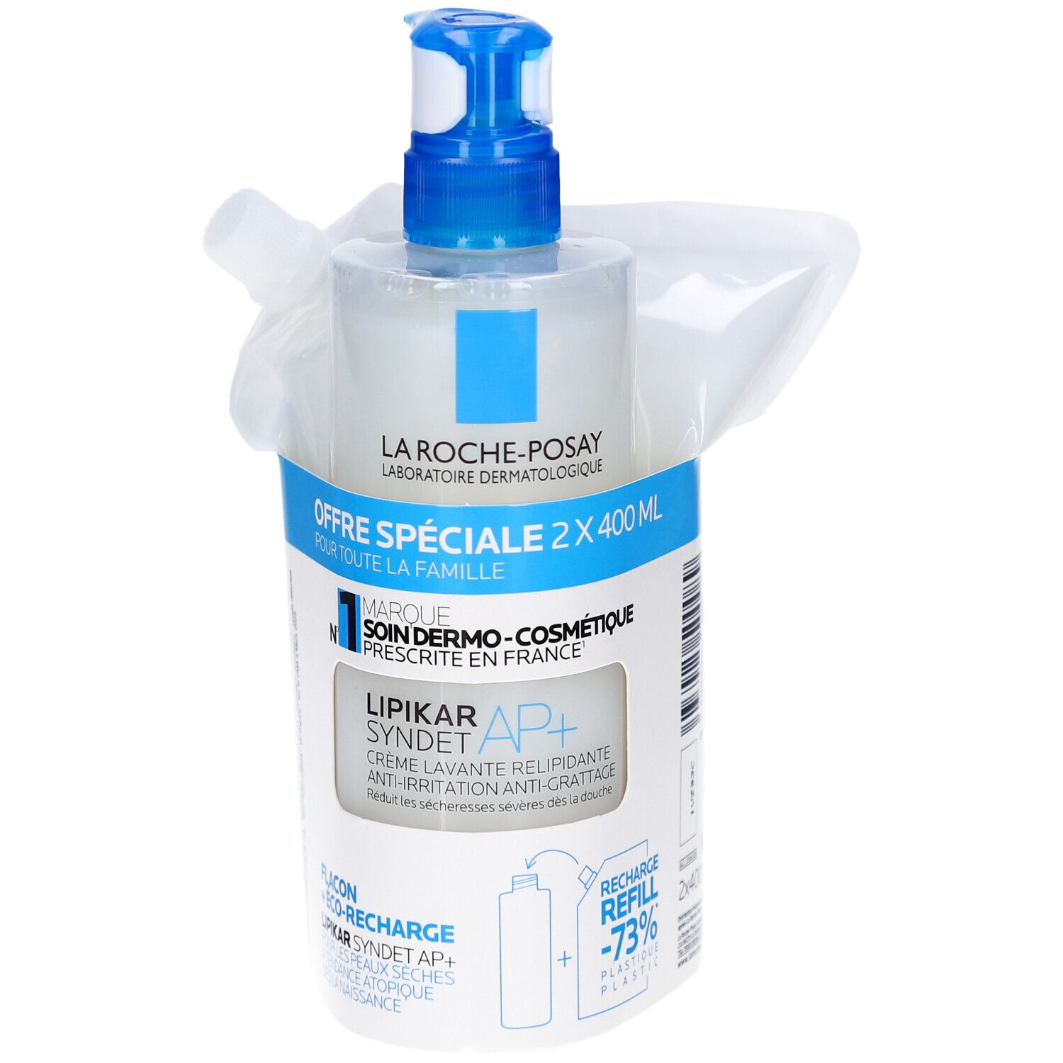 Emballage produit avec flacon et éco-recharge. Emballage bleu et blanc avec informations produit. Visible: LA ROCHE-POSAY, LIPIKAR Syndet AP+.