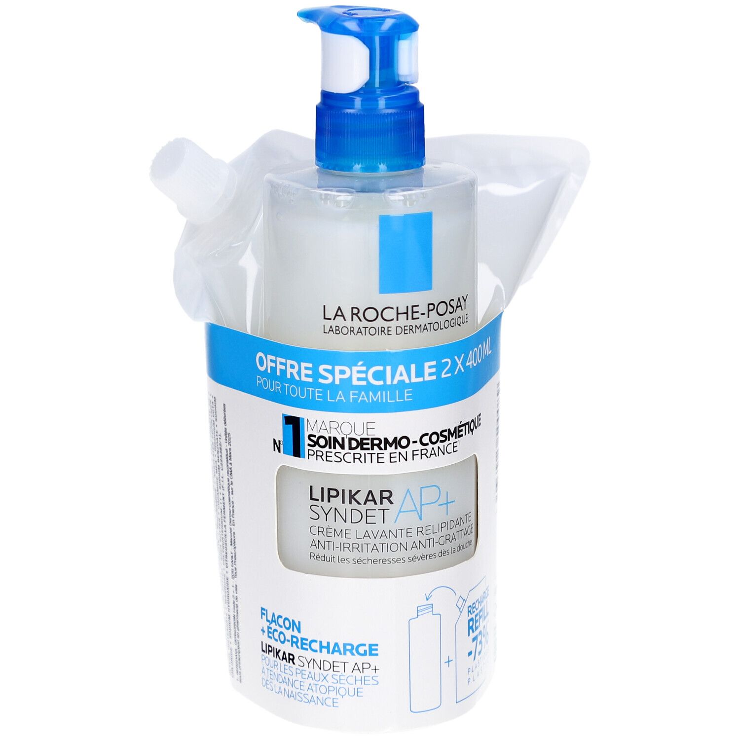 Emballage produit avec flacon et éco-recharge. Emballage bleu et blanc avec informations produit. Visible: LA ROCHE-POSAY, LIPIKAR Syndet AP+.
