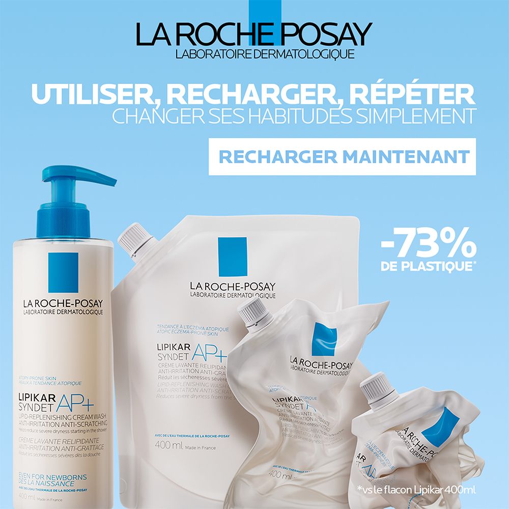LA ROCHE-POSAY. LIPIKAR SYNDET AP+ et recharges. -73% de plastique. Réutiliser.