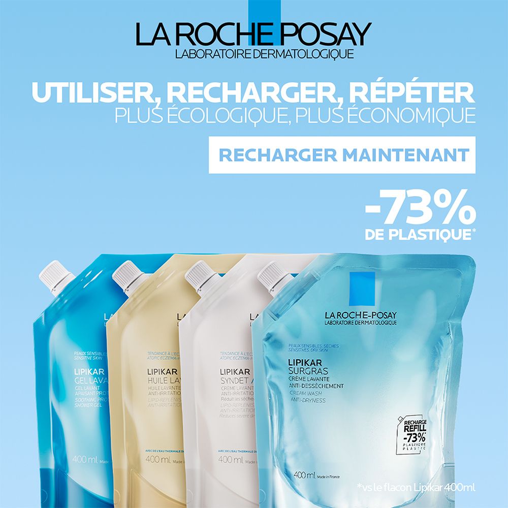 LA ROCHE-POSAY. LIPIKAR SYNDET AP+ et recharges. -73% de plastique. Plus écologique.
