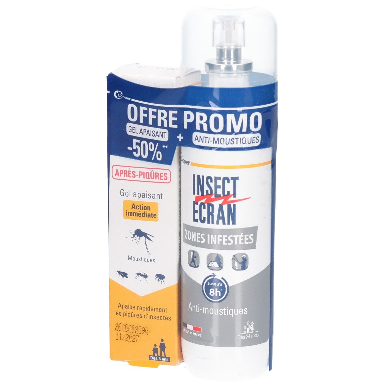 INSECT ECRAN anti-moustiques et gel apaisant. Emballage bleu et blanc. Nom et détails du produit visibles.