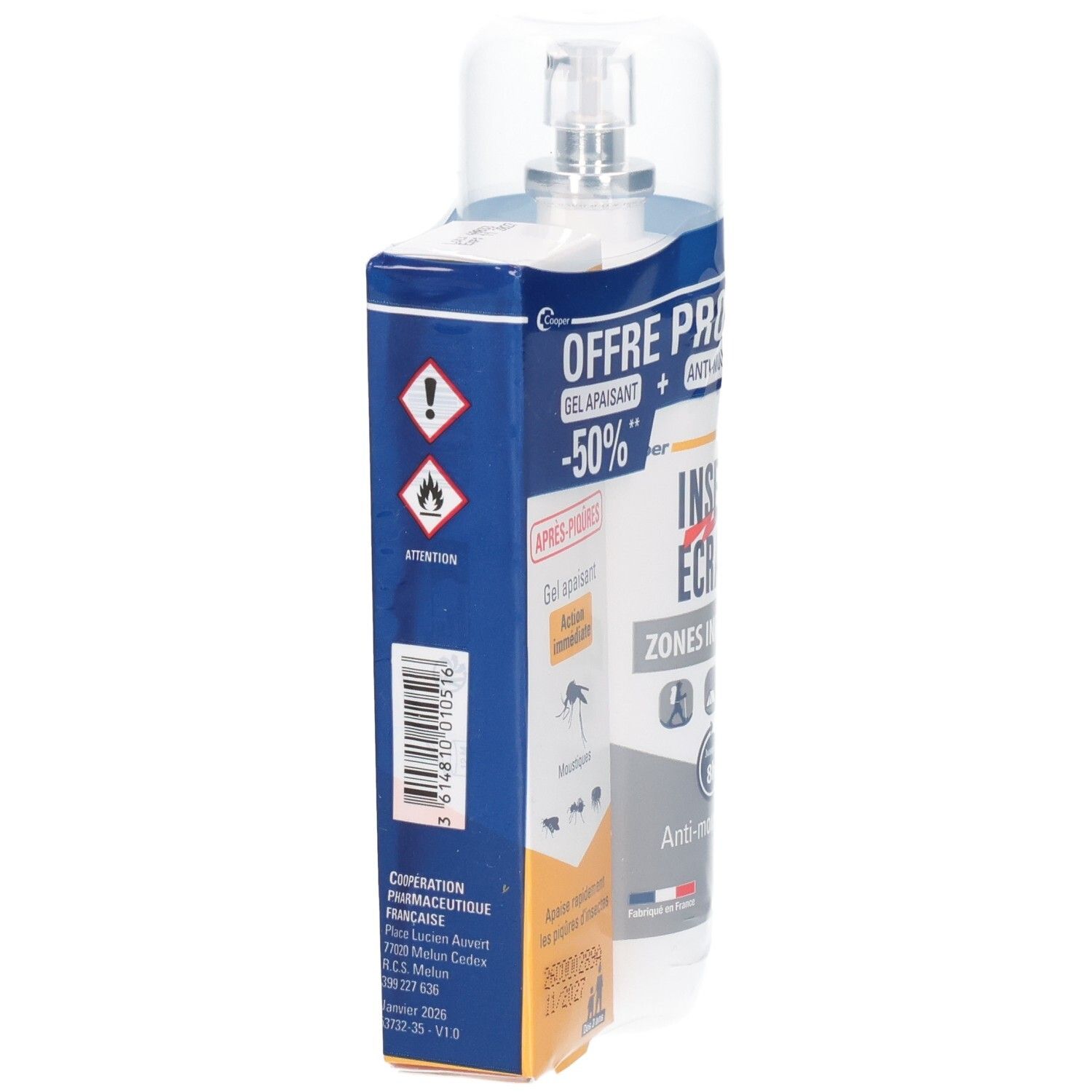 Emballage INSECT ECRAN avec symboles d'avertissement. Emballage bleu et blanc. Nom et détails du produit visibles.