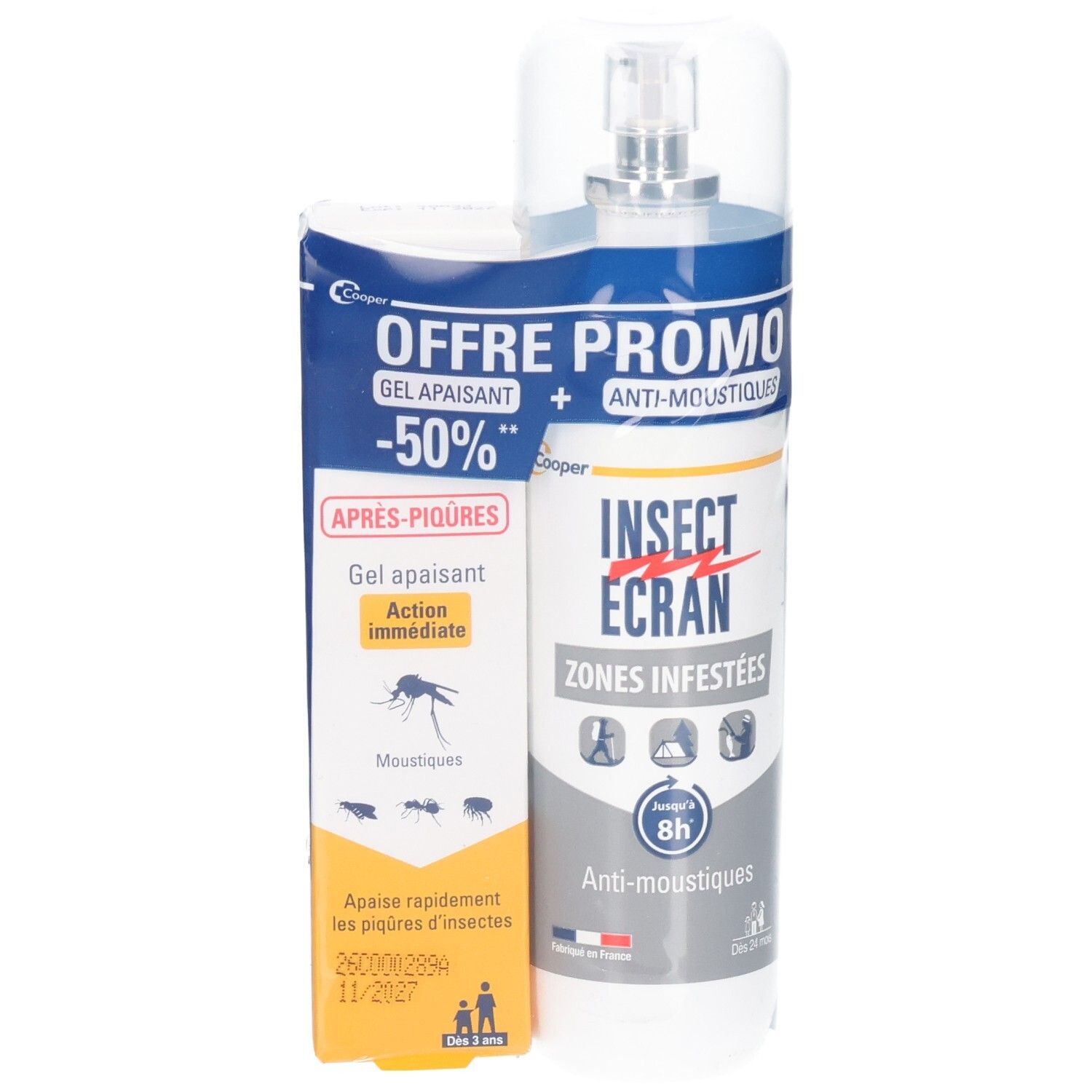 Emballage INSECT ECRAN et gel. Emballage bleu et blanc. Nom et détails du produit visibles.