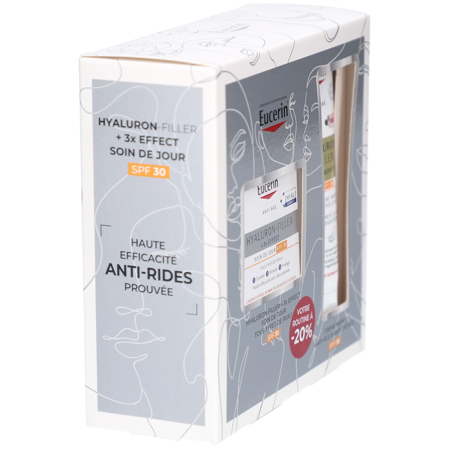 Coffret Eucerin Hyaluron-Filler 3x Effect SPF. Vue latérale de l'emballage. Contient soin de jour et crème mains.