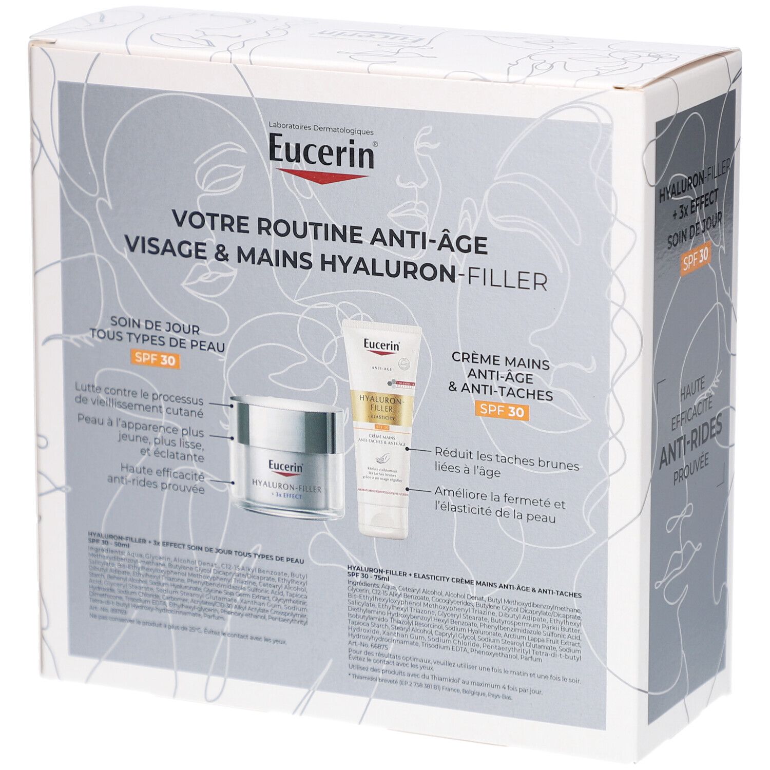 Coffret Eucerin Hyaluron-Filler 3x Effect SPF. Emballage avec soin de jour et crème mains. Texte: Anti-Âge, SPF 30.