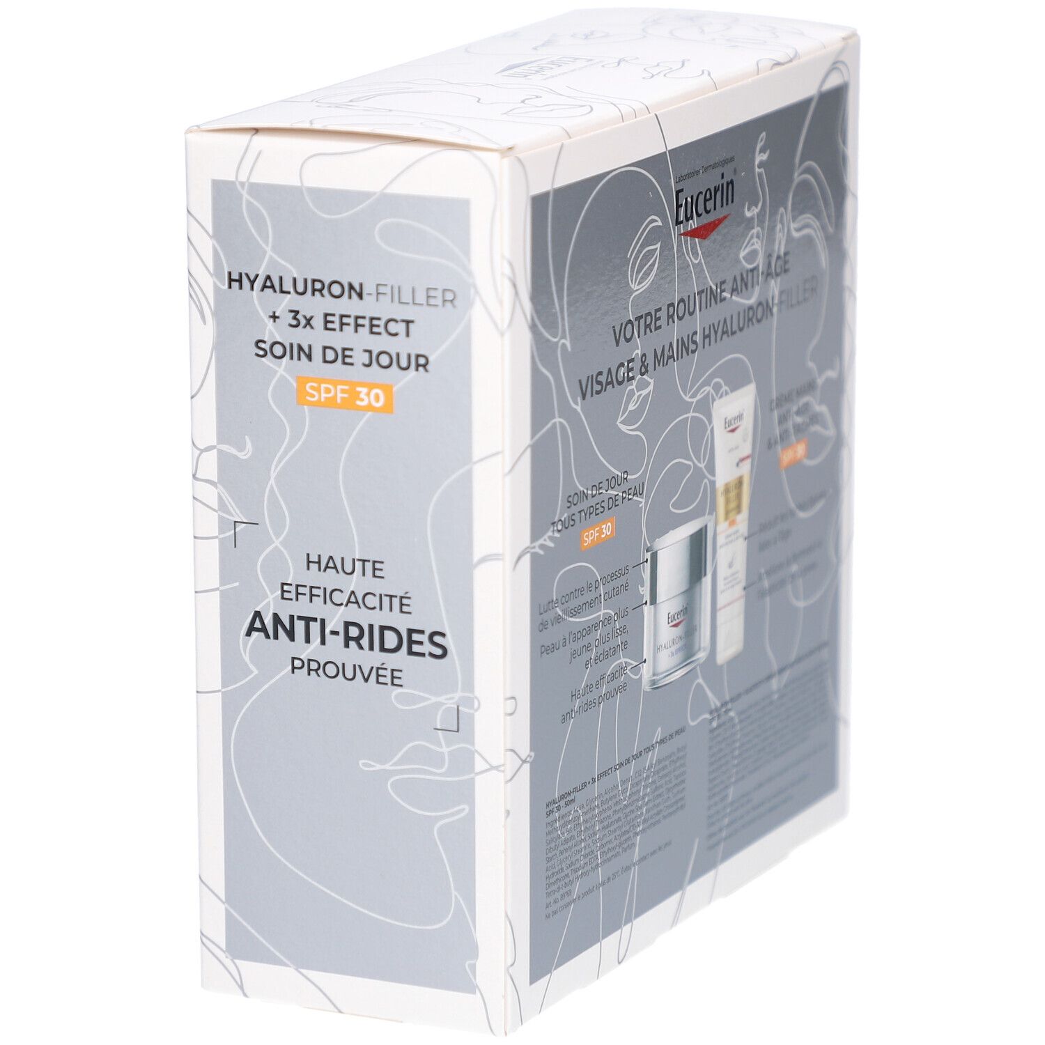 Coffret Eucerin Hyaluron-Filler 3x Effect SPF. Vue latérale de l'emballage. Texte: Anti-rides, SPF 30.