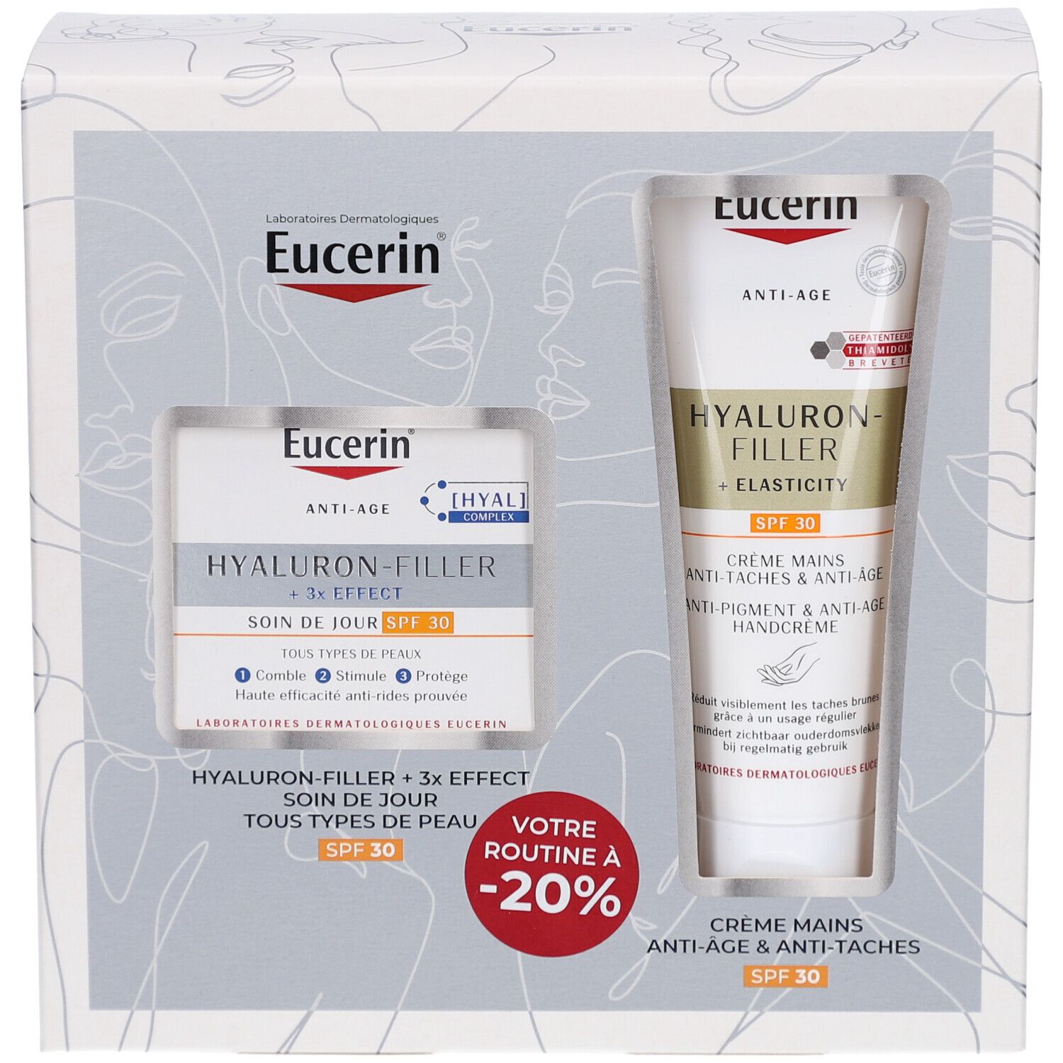 Coffret Eucerin Hyaluron-Filler 3x Effect SPF. Contient soin de jour et crème mains. Emballage avec visuels.