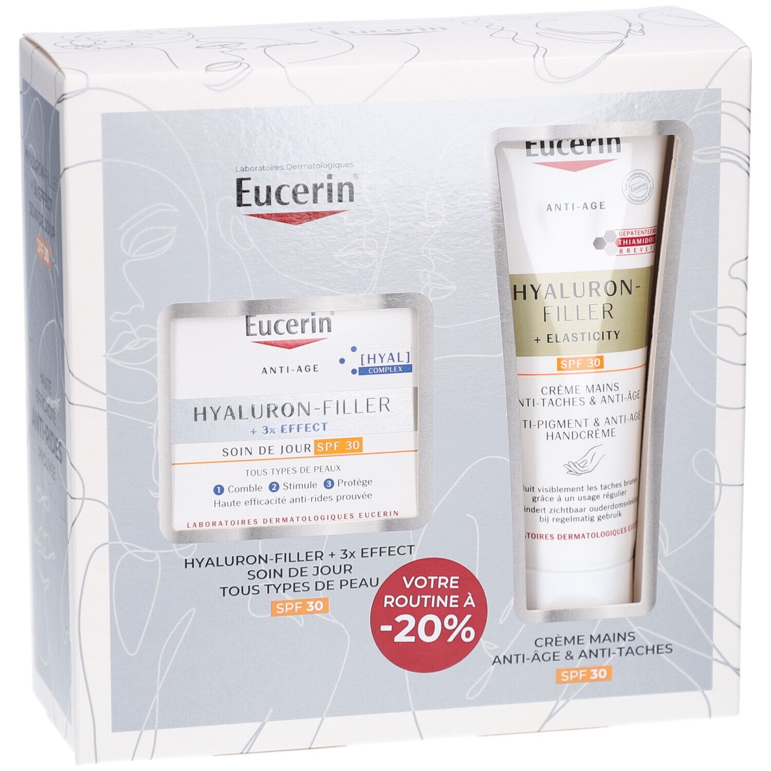 Coffret Eucerin Hyaluron-Filler 3x Effect SPF. Contient soin de jour et crème mains. Emballage avec visuels.
