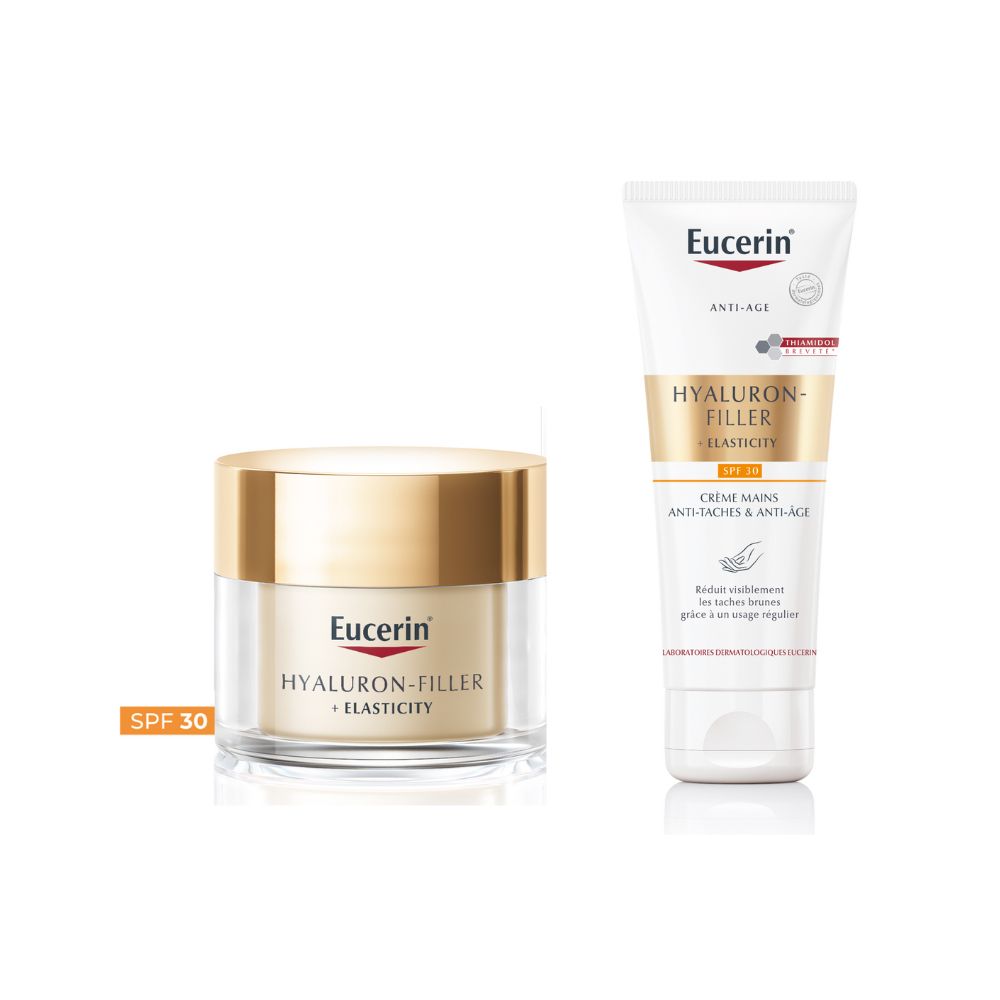 Deux produits Eucerin : soin de jour en pot et crème pour les mains en tube. Tous deux avec Hyaluron-Filler + Elasticity, SPF 30.