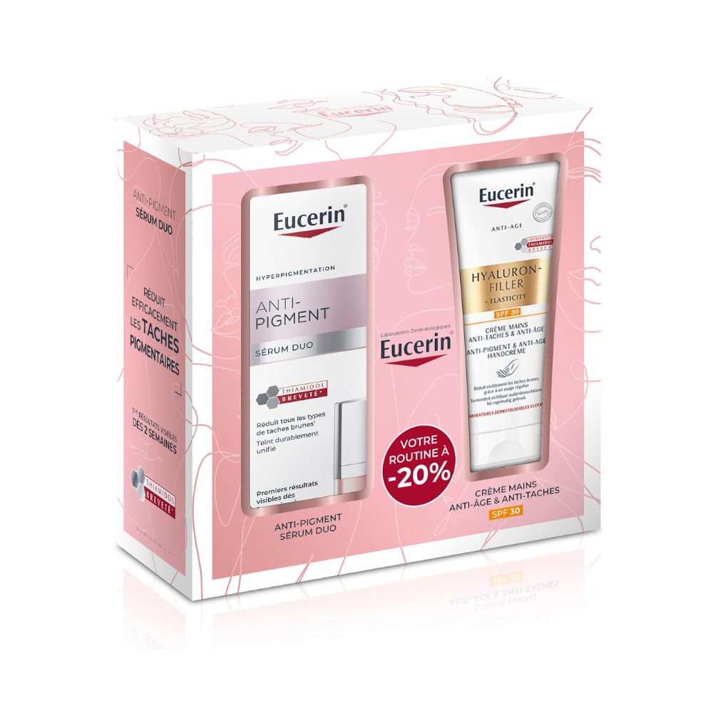 Coffret cadeau avec deux produits. Contient Anti-Pigment Serum Duo et crème pour les mains. Marque Eucerin. Emballage rose et blanc.