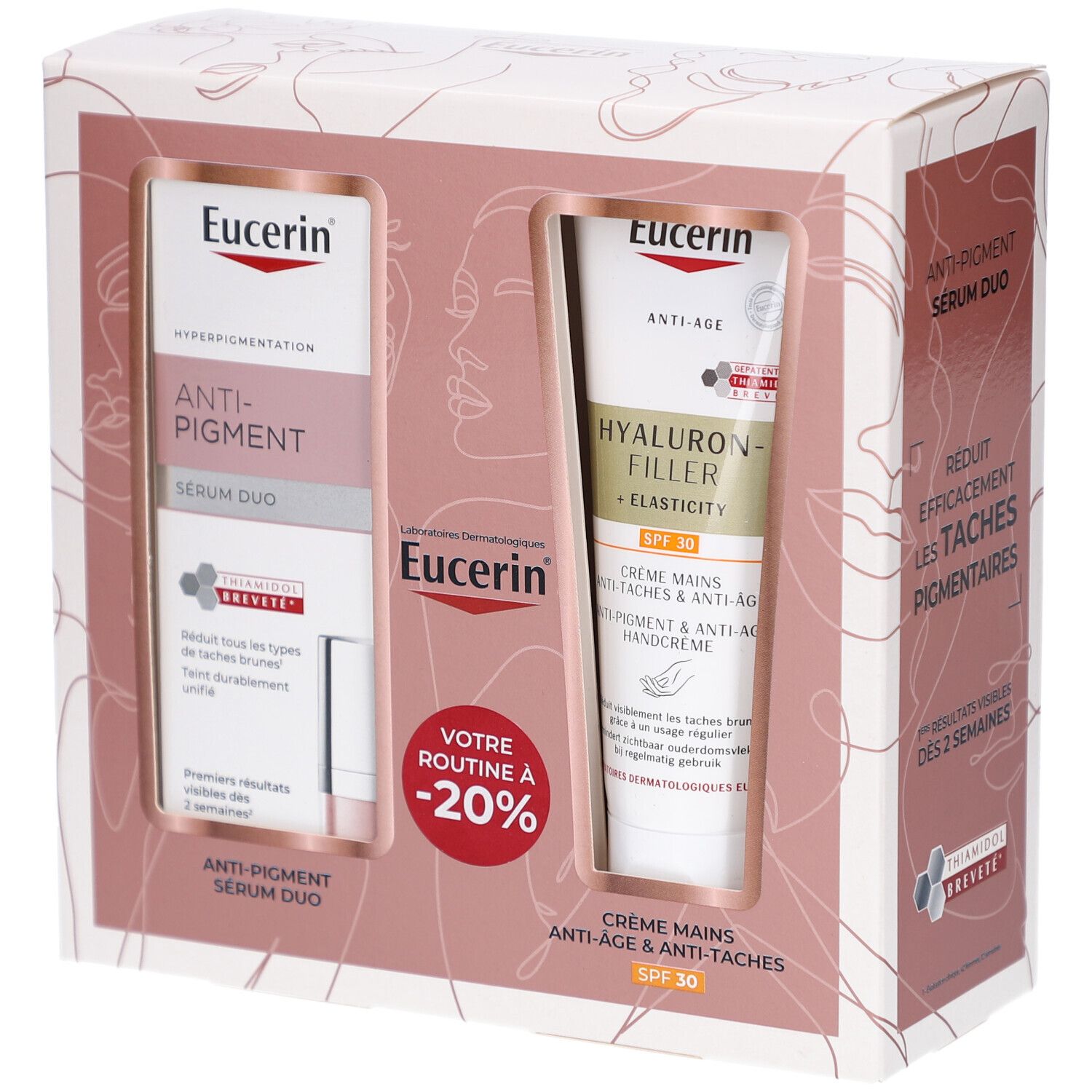 Coffret cadeau Eucerin. Contient Sérum Duo et crème mains. Emballage avec illustrations des produits. Réduction de 20%.