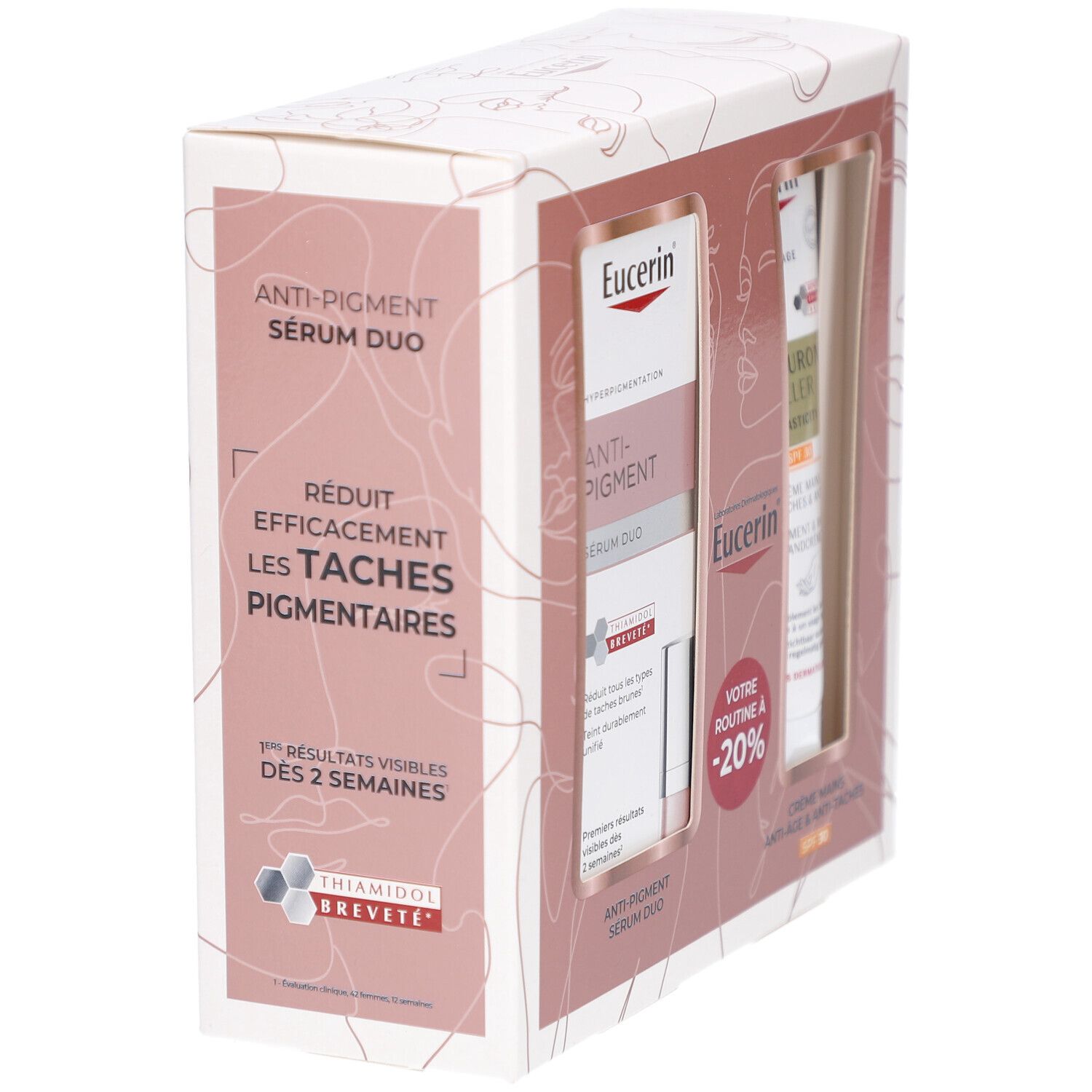 Coffret cadeau Eucerin, vue oblique. Contient Sérum Duo et crème mains. Texte: Anti-Pigment, réduit les taches.