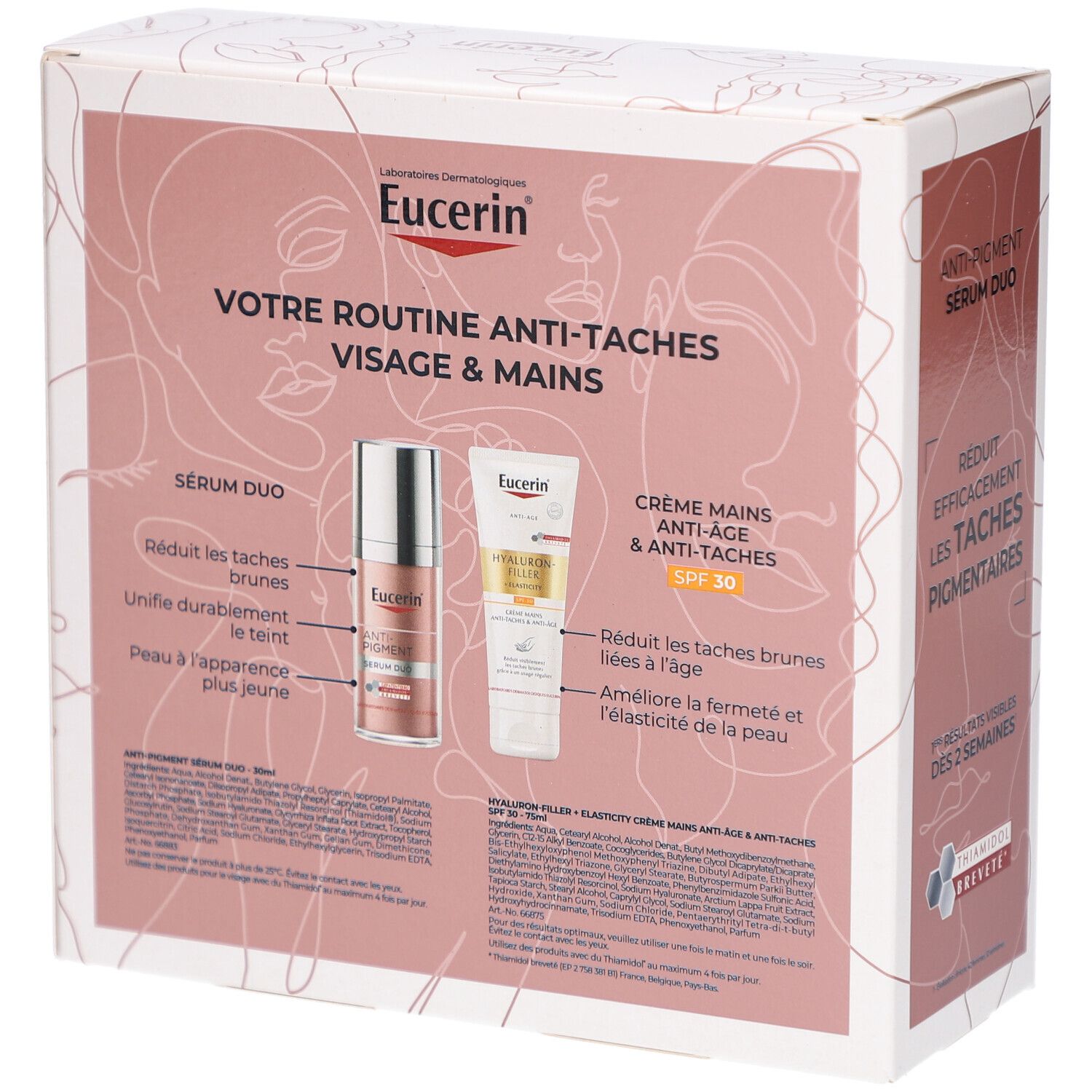Dos du coffret cadeau. Montre Sérum Duo et crème mains. Texte: Anti-Pigment, réduit les taches, visage & mains.