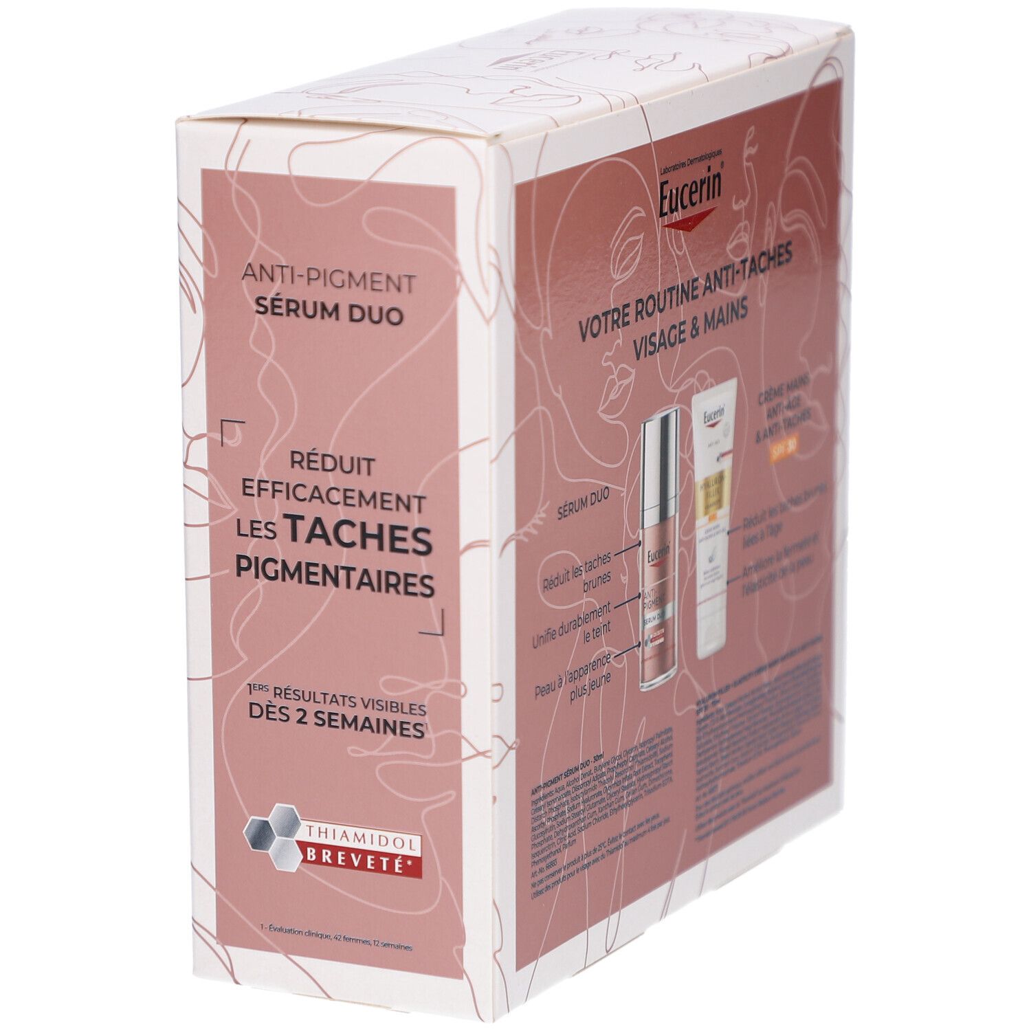 Coffret cadeau Eucerin, vue oblique. Contient Sérum Duo et crème mains. Texte: Anti-Pigment, réduit les taches.