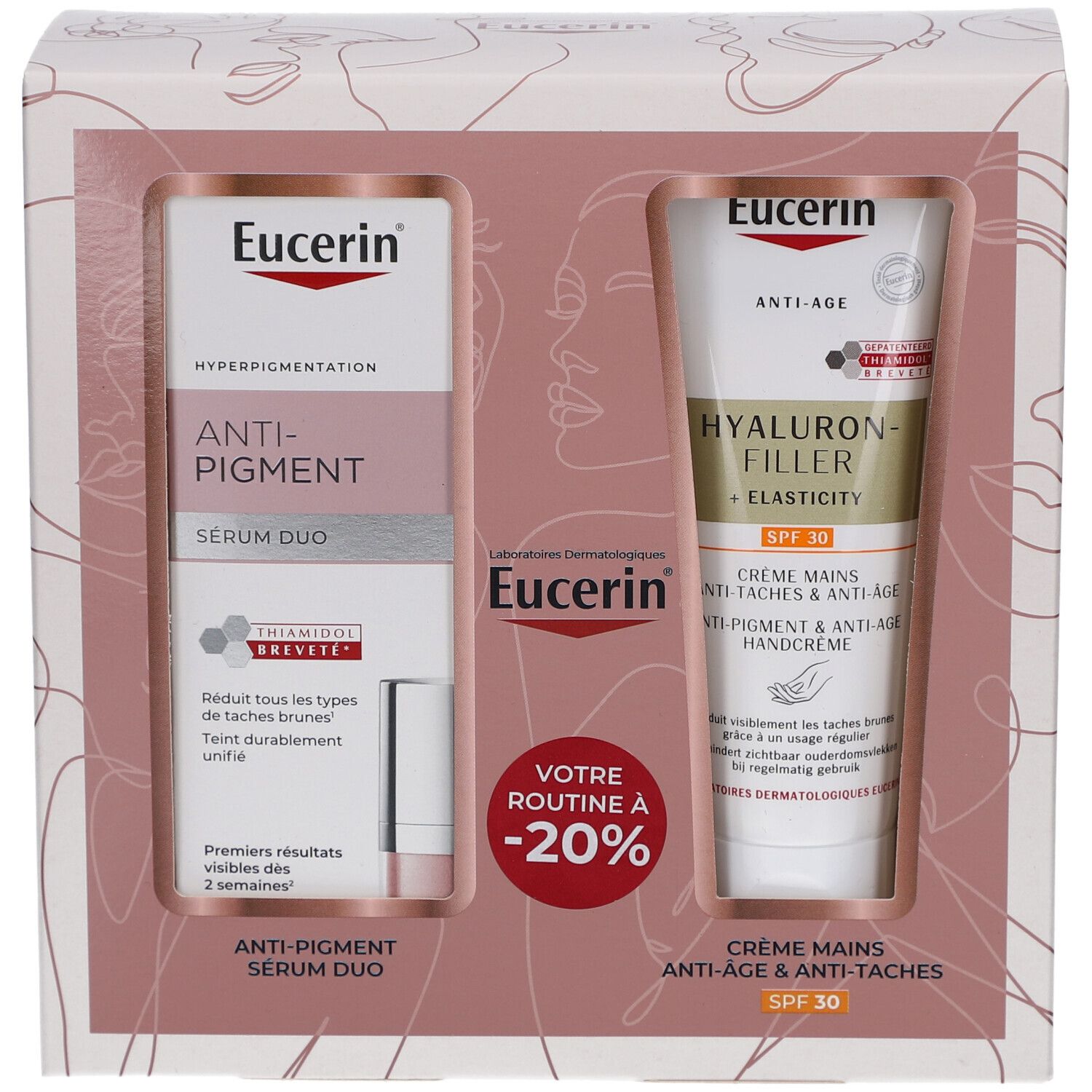 Coffret cadeau Eucerin. Contient Sérum Duo et crème mains. Emballage avec illustrations des produits. Réduction de 20%.