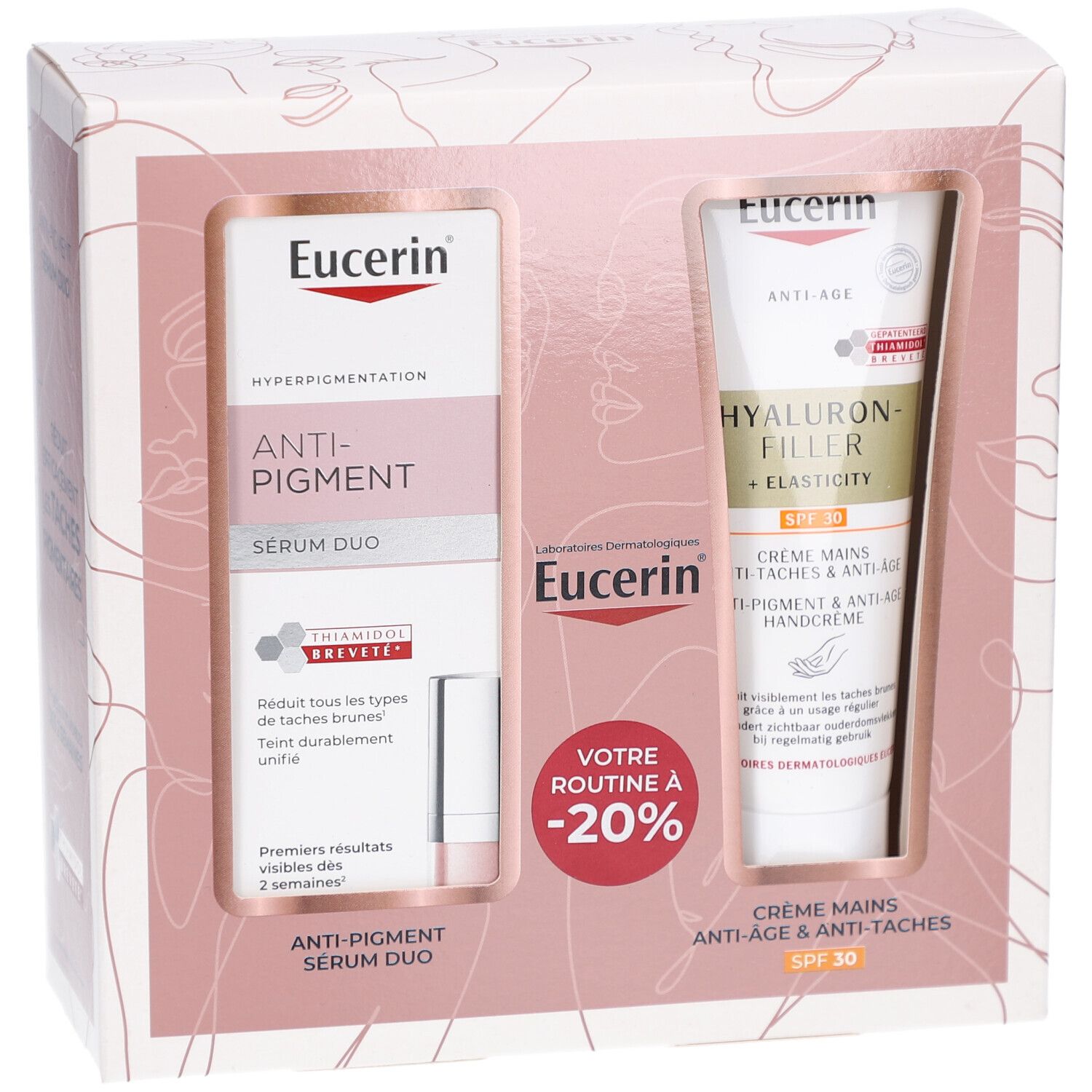 Coffret cadeau Eucerin. Contient Sérum Duo et crème mains. Emballage avec illustrations des produits. Réduction de 20%.