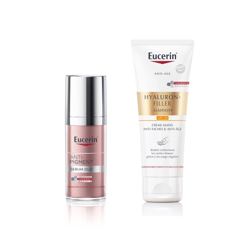 Deux produits côte à côte : Anti-Pigment Serum Duo et crème pour les mains. Marque Eucerin. Fond blanc.