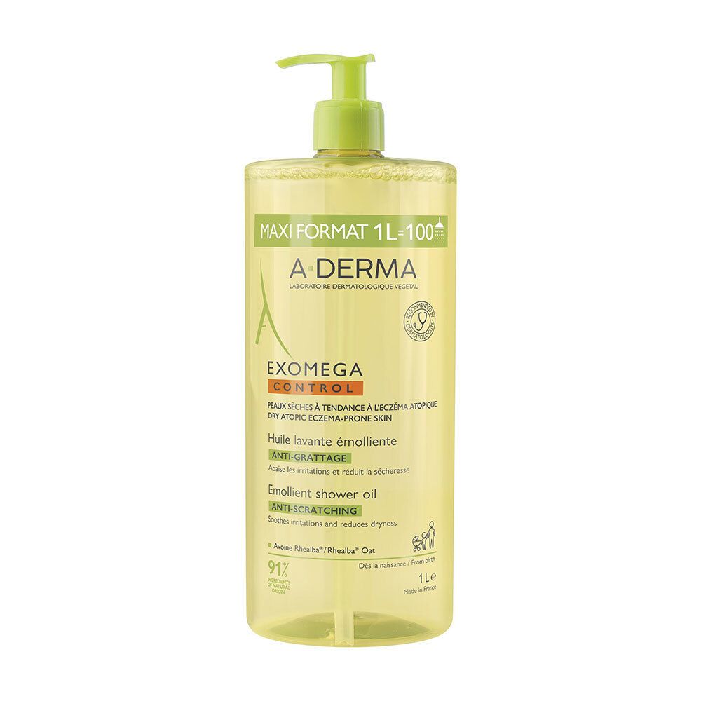 A-DERMA Exomega Control Huile Lavante Emolliente Anti-Grattage. Flacon pompe. Liquide jaune. Texte sur l'étiquette.