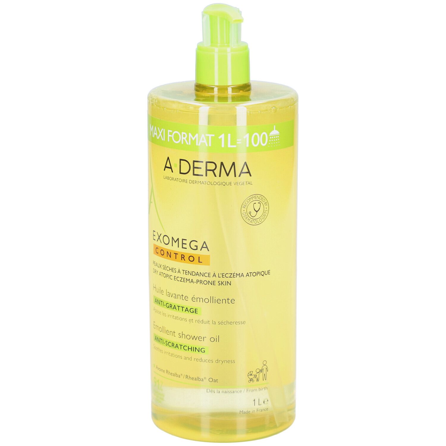 Grande bouteille transparente de liquide jaune. Étiquette A-DERMA avec nom et logo du produit. Tête de pompe verte.