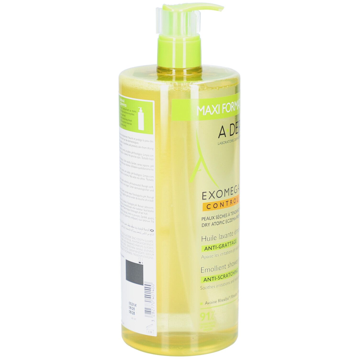 Dos de la bouteille avec texte. Produit A-DERMA avec liquide jaune. Tête de pompe verte. Étiquette avec informations.