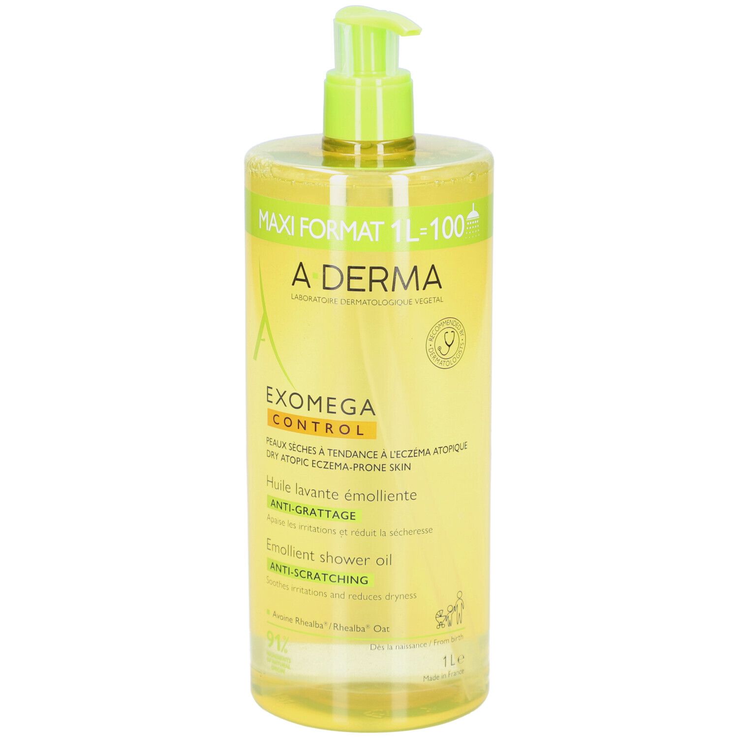 Grande bouteille transparente de liquide jaune. Étiquette A-DERMA avec nom et logo du produit. Tête de pompe verte.