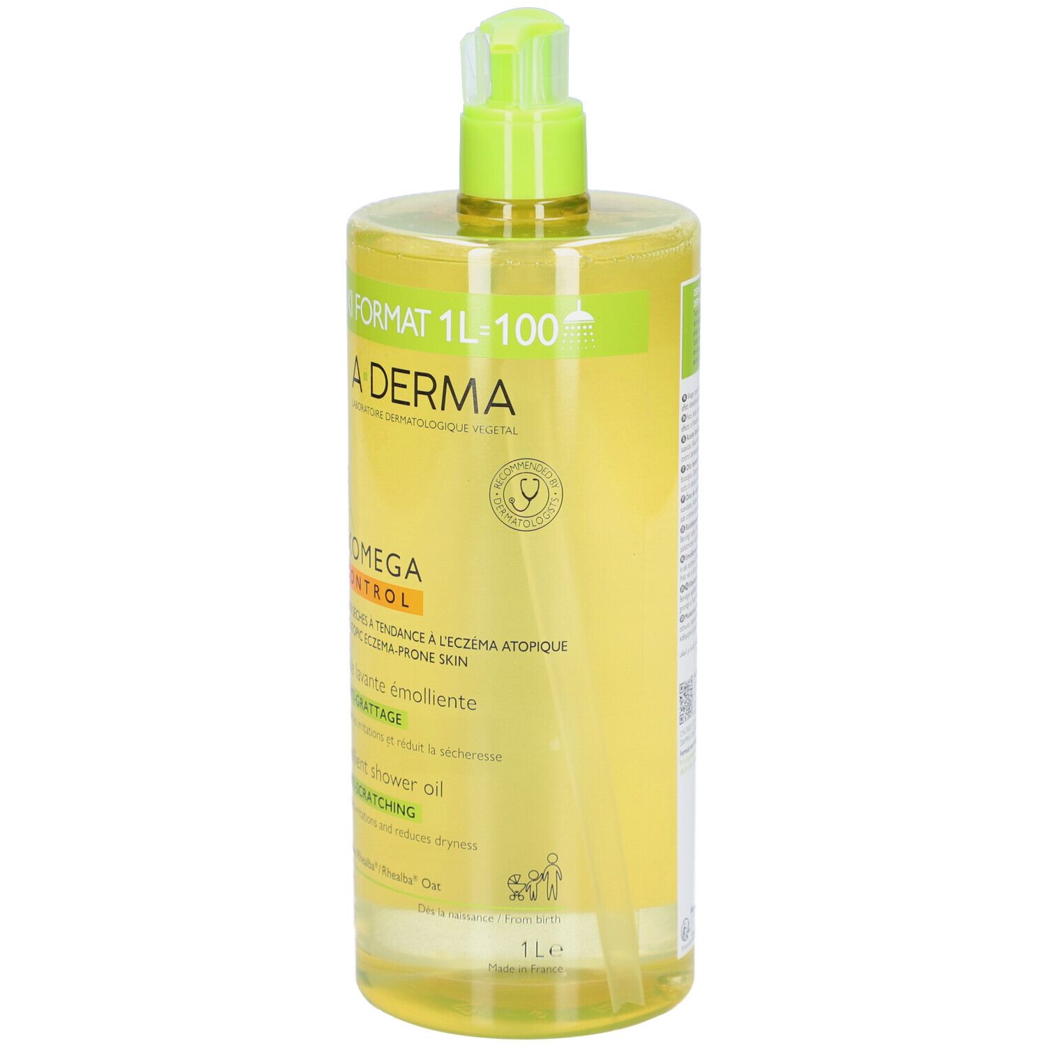 Grande bouteille transparente de liquide jaune. Étiquette A-DERMA avec nom et logo du produit. Tête de pompe verte.