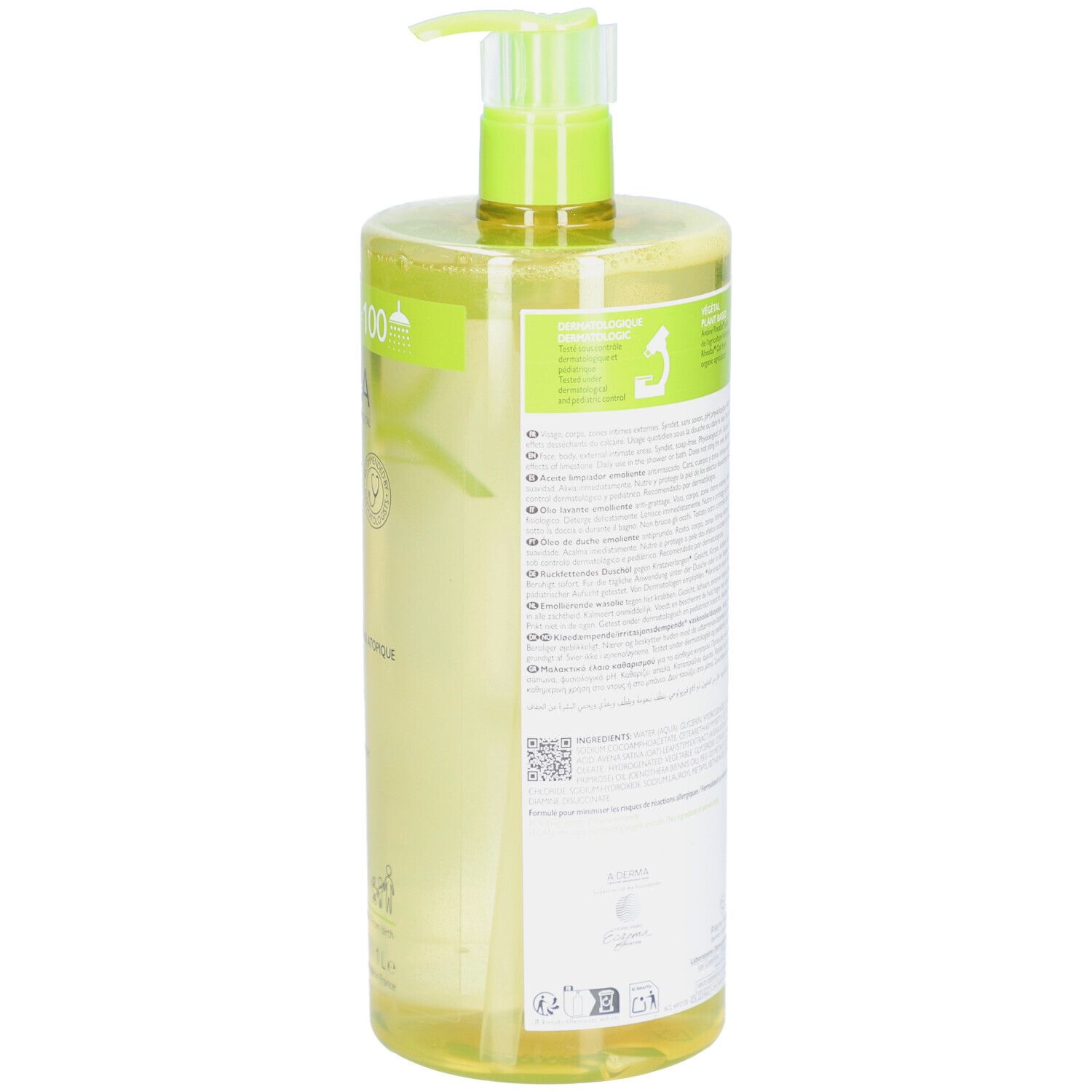 Vue arrière de la bouteille avec texte. Produit A-DERMA avec liquide jaune. Tête de pompe verte. Étiquette avec informations.