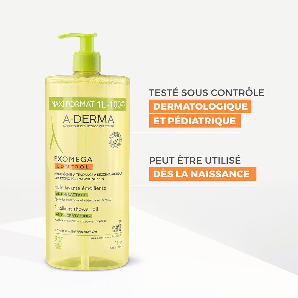 A-DERMA Exomega Control Huile Lavante Emolliente Anti-Grattage. Flacon pompe. Texte: Testé sous contrôle dermatologique. Dès la naissance.