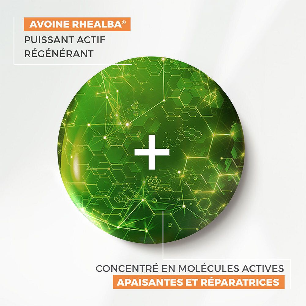 Cercle vert avec croix blanche. Texte: Avoine Rhealba, puissant actif régénérant. Concentré en molécules actives apaisantes et réparatrices.