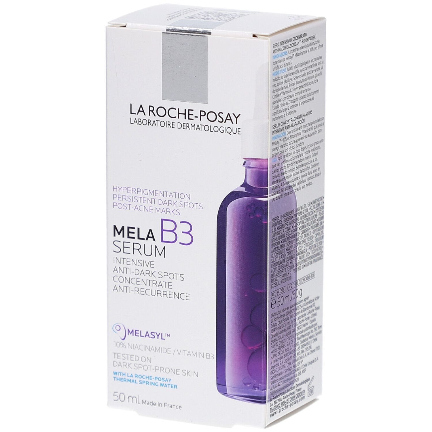 Boîte blanche avec image du produit. Inscription: LA ROCHE-POSAY Mela B3 Sérum. Texte en anglais. Flacon représenté.