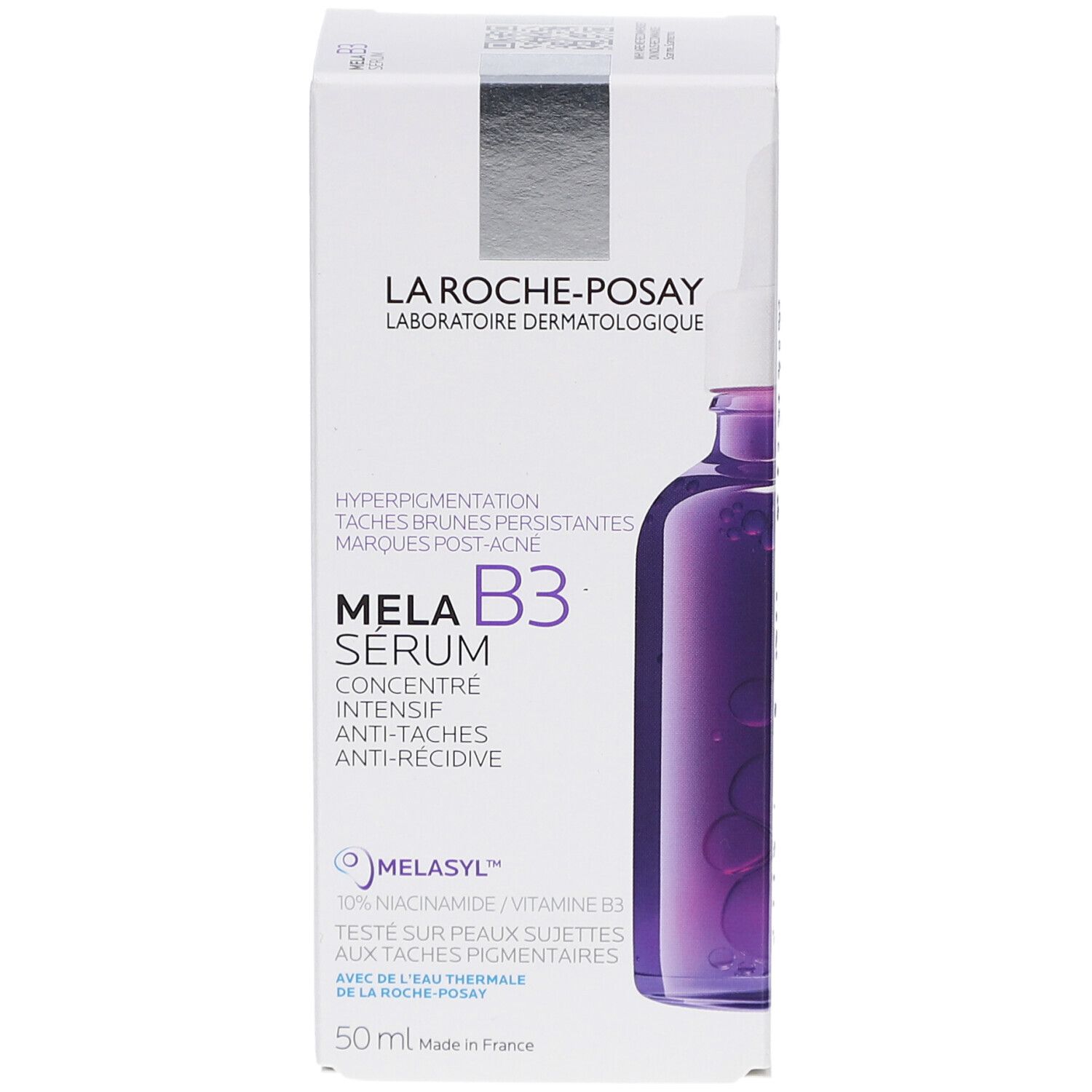 Boîte blanche avec image du produit. Inscription: LA ROCHE-POSAY Mela B3 Sérum. Texte en français. Flacon représenté.