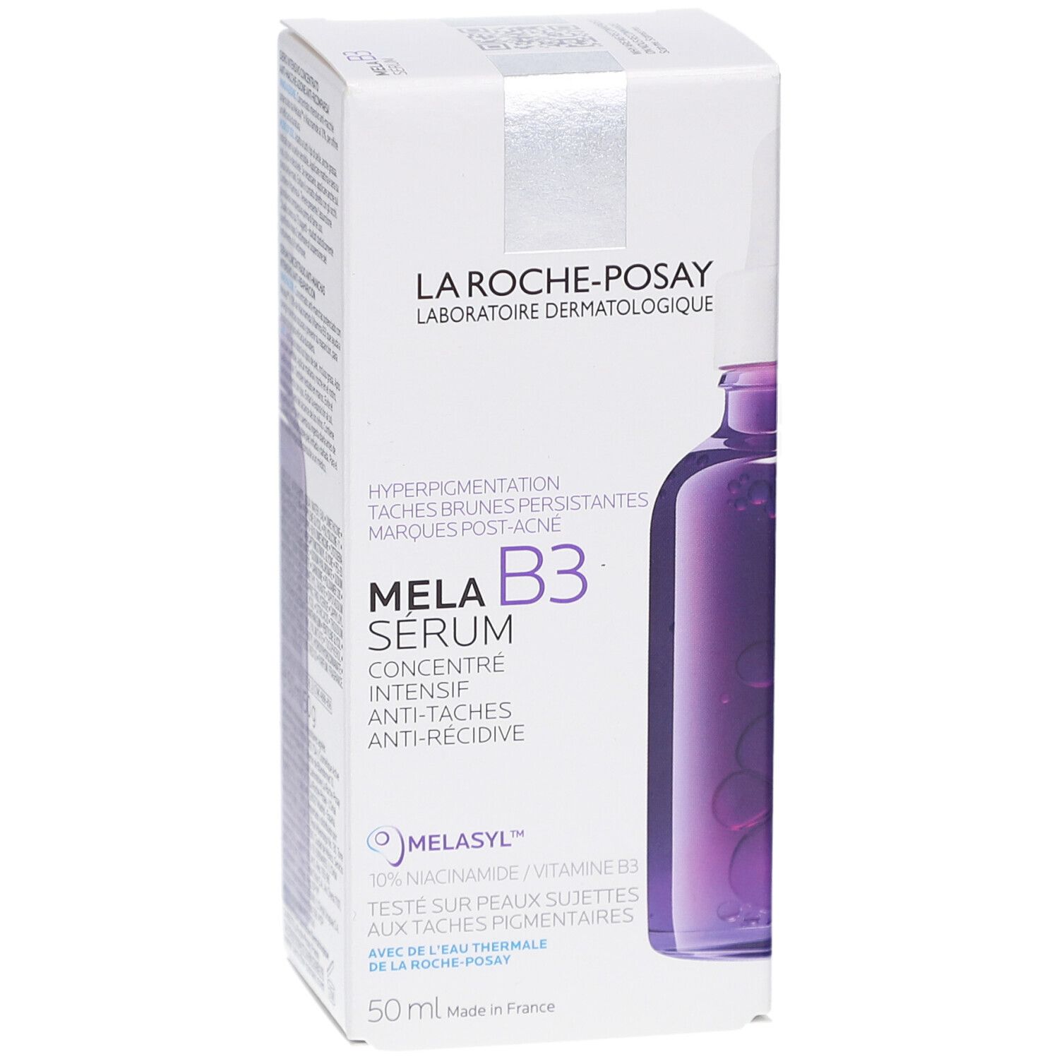 Boîte blanche avec image du produit. Inscription: LA ROCHE-POSAY Mela B3 Sérum. Texte en français. Flacon représenté.