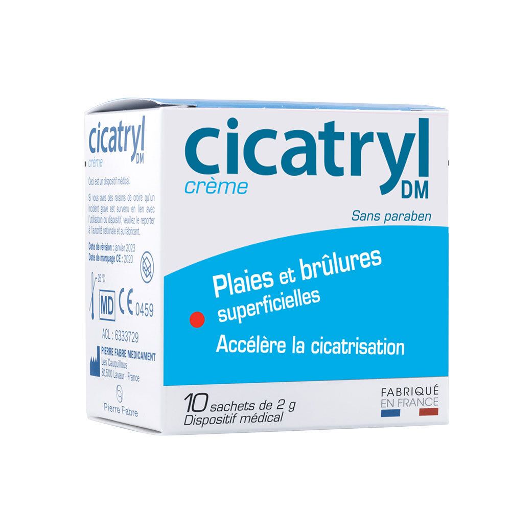 Boîte de Cicatryl DM crème, 10 sachets de 2g, pour plaies et brûlures superficielles.