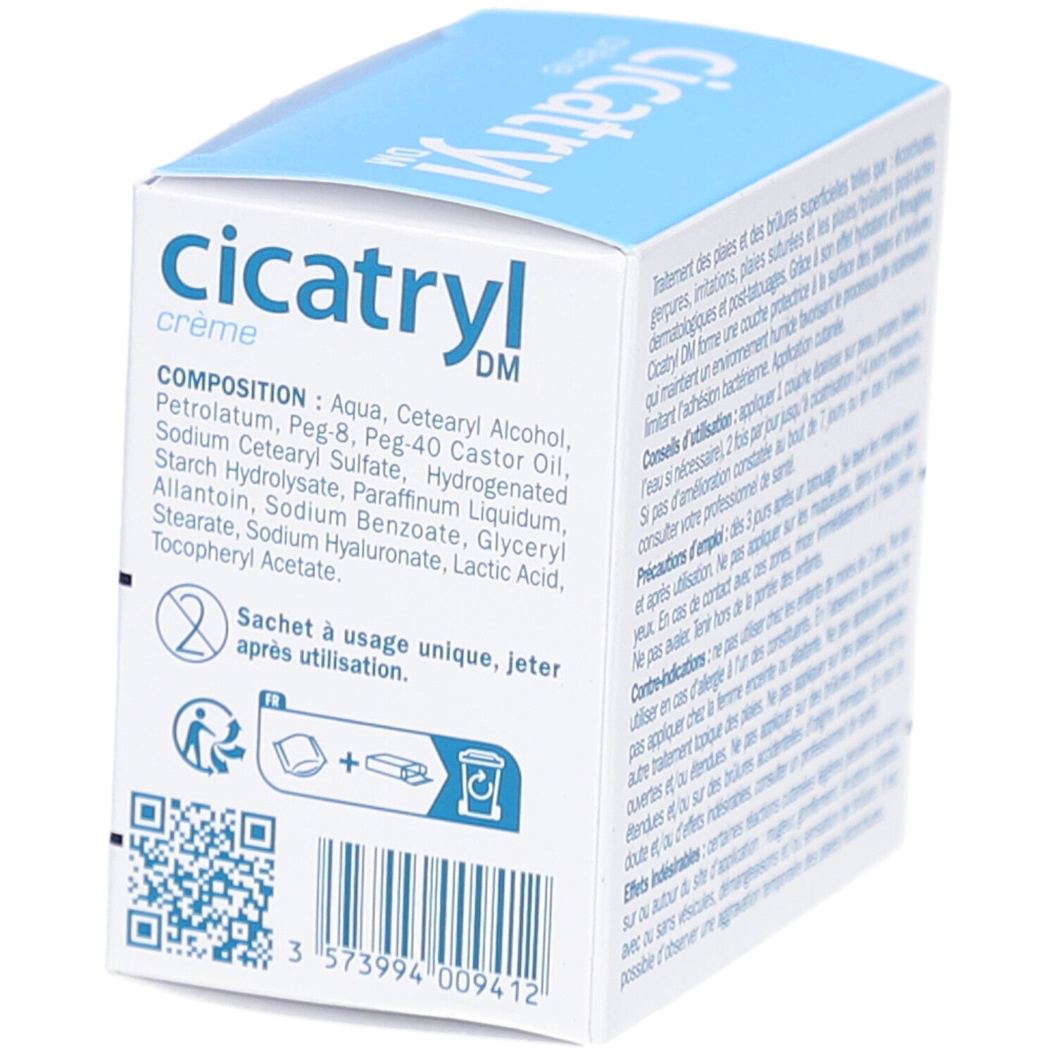 Dos de la boîte cicatrly DM crème. Texte: Composition. Pictogramme: sachet unique. Code QR. Informations fabricant.