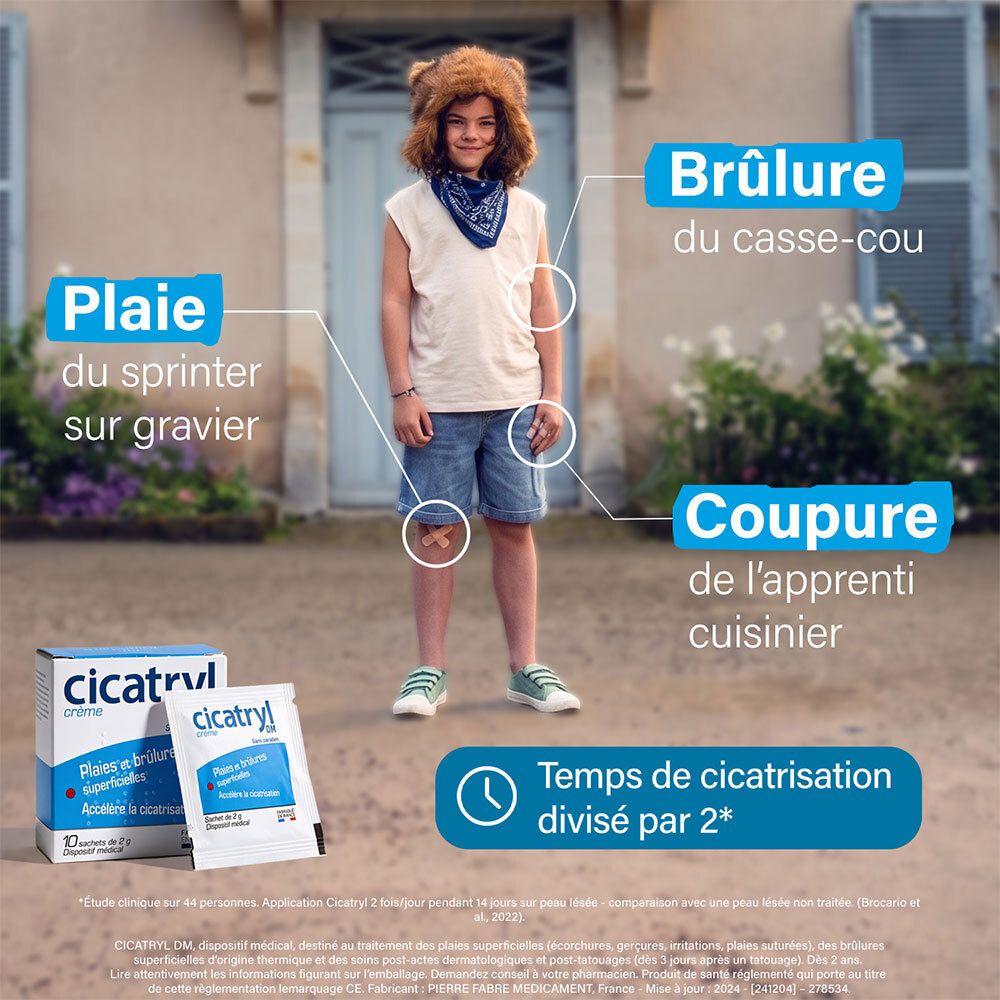 Enfant avec plaies dessinées (genou, tibia) et boîte Cicatryl DM.