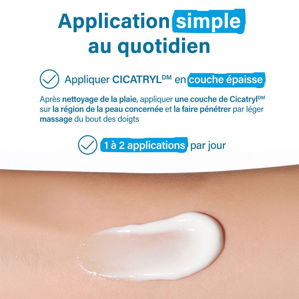 Application de Cicatryl DM crème sur la peau, 1 à 2 applications par jour.